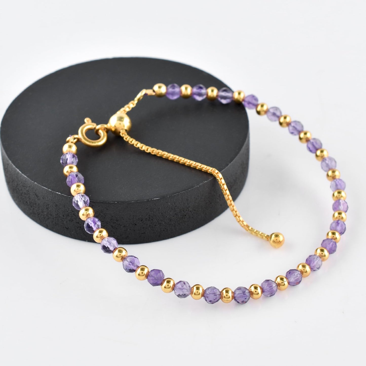 InfinityGemsArt Amethyst Bracelets For Women, Natural February Birthstone Jewelry, Purple Beads Beaded Stone Bolo Slider Crystals Gemstones 14K Gold Plated Adjustable Chain, Valentines Day Gifts