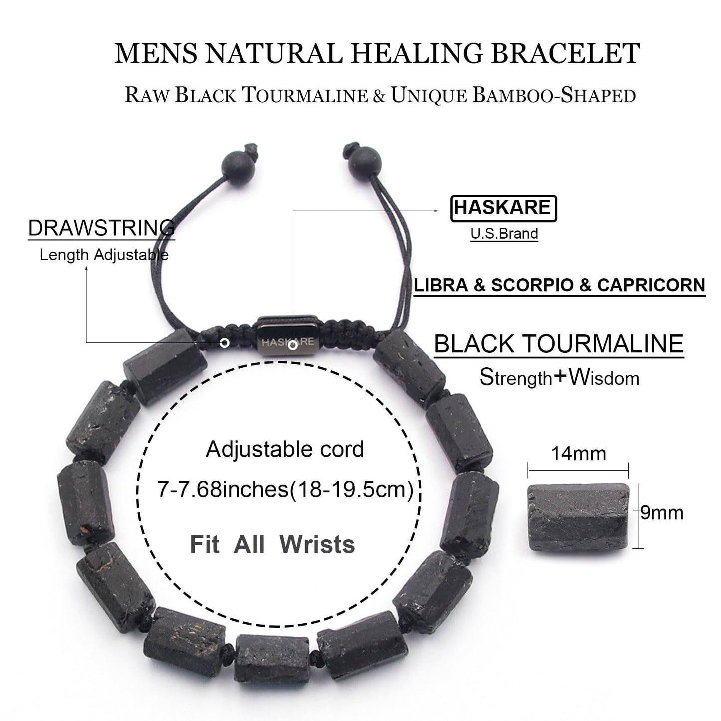 HASKARE Natural Stone Tourmaline Crystal Bracelets for Men, Protection Crystals Raw Black Tourmaline Beads Bracelet, Mens Energy Healing Bracelets for Anxiety, Handmade Bracelet Gifts for Men