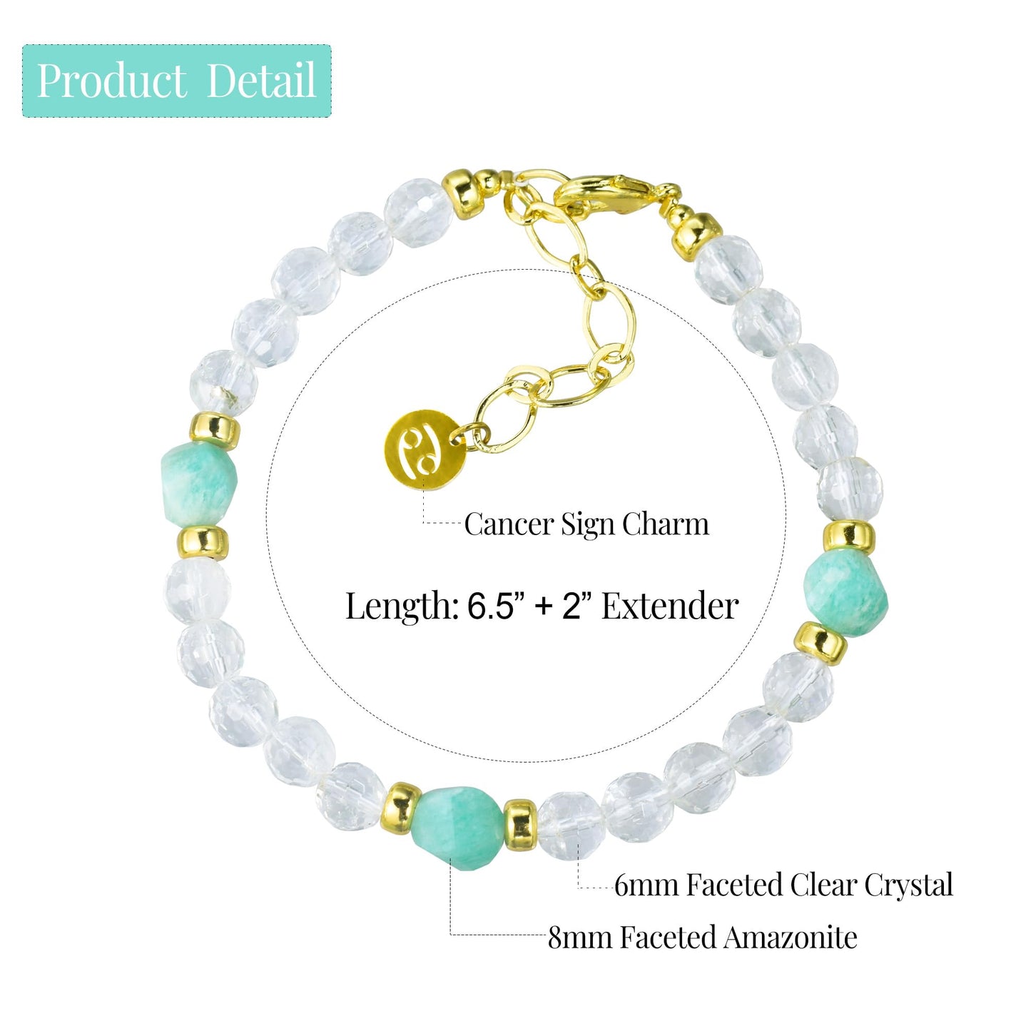 Ayriwoyi Cancer Zodiac Bracelet White Crystal Amazonite Stone Beaded Bracelet Adjustable Horoscope Inspirational Jewelry Gift for Women