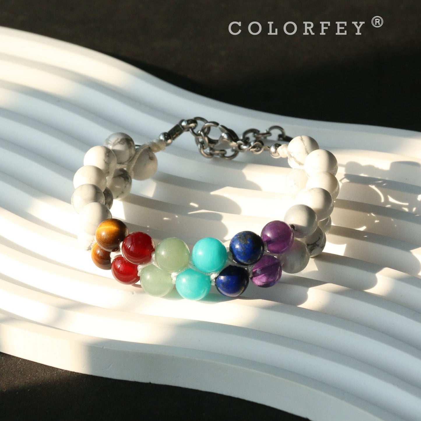 COLORFEY Real Crystal Bracelets for Men Women Healing 7 Chakra Crystal Tiger Eye Red Agate Aventurine Amazonite Lapis Lazuli Amethyst Howlite Stone Beads Bracelet Handmade Lucky Bracelet 2Row