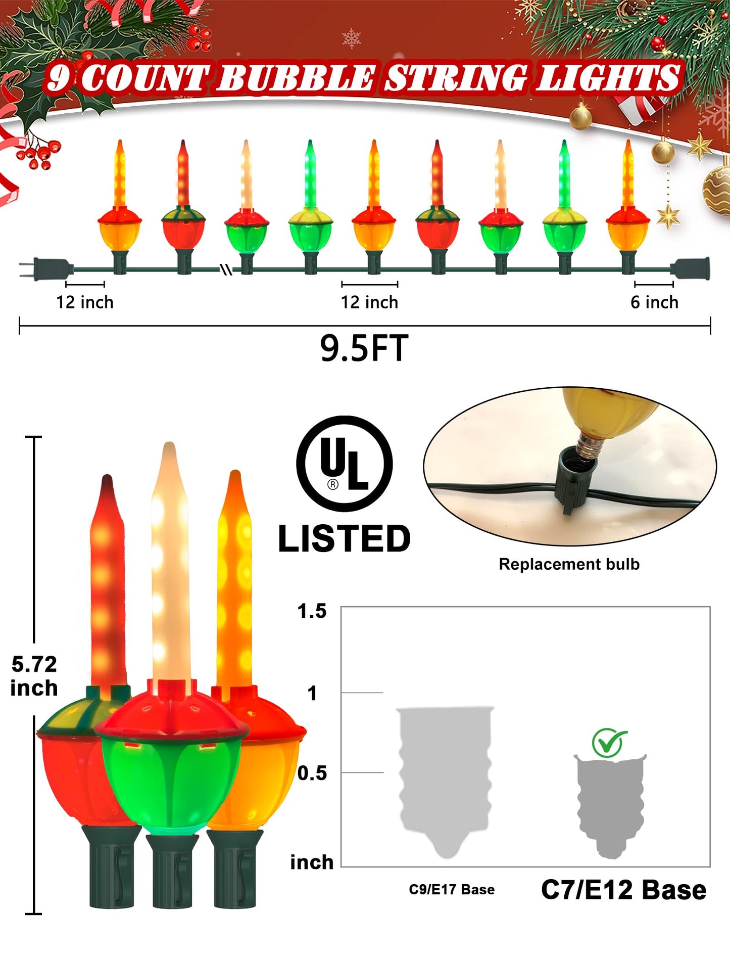 Doratale Christmas Bubble String Lights, 9.5Ft, Multicolor, 9 LED Bulbs, Model LR-I/O-C-9-0.6-L1, Outdoor Holiday Decor