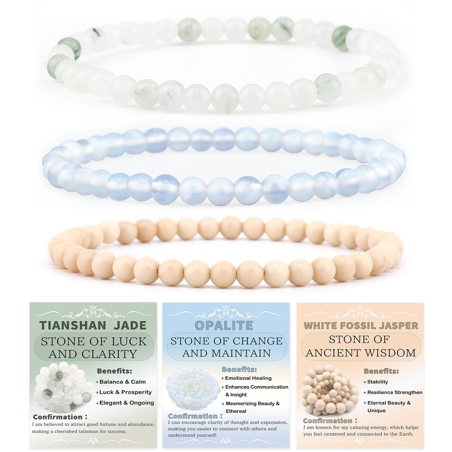 CMBYN 3-Pieces 4mm Natural Crystal Gemstone – ﻿Opalite, Tianshan Jade, White Fossil Jasper Handmade Reiki Energy Healing Stretch Bracelets Jewelry for Yoga, Meditation, Unisex