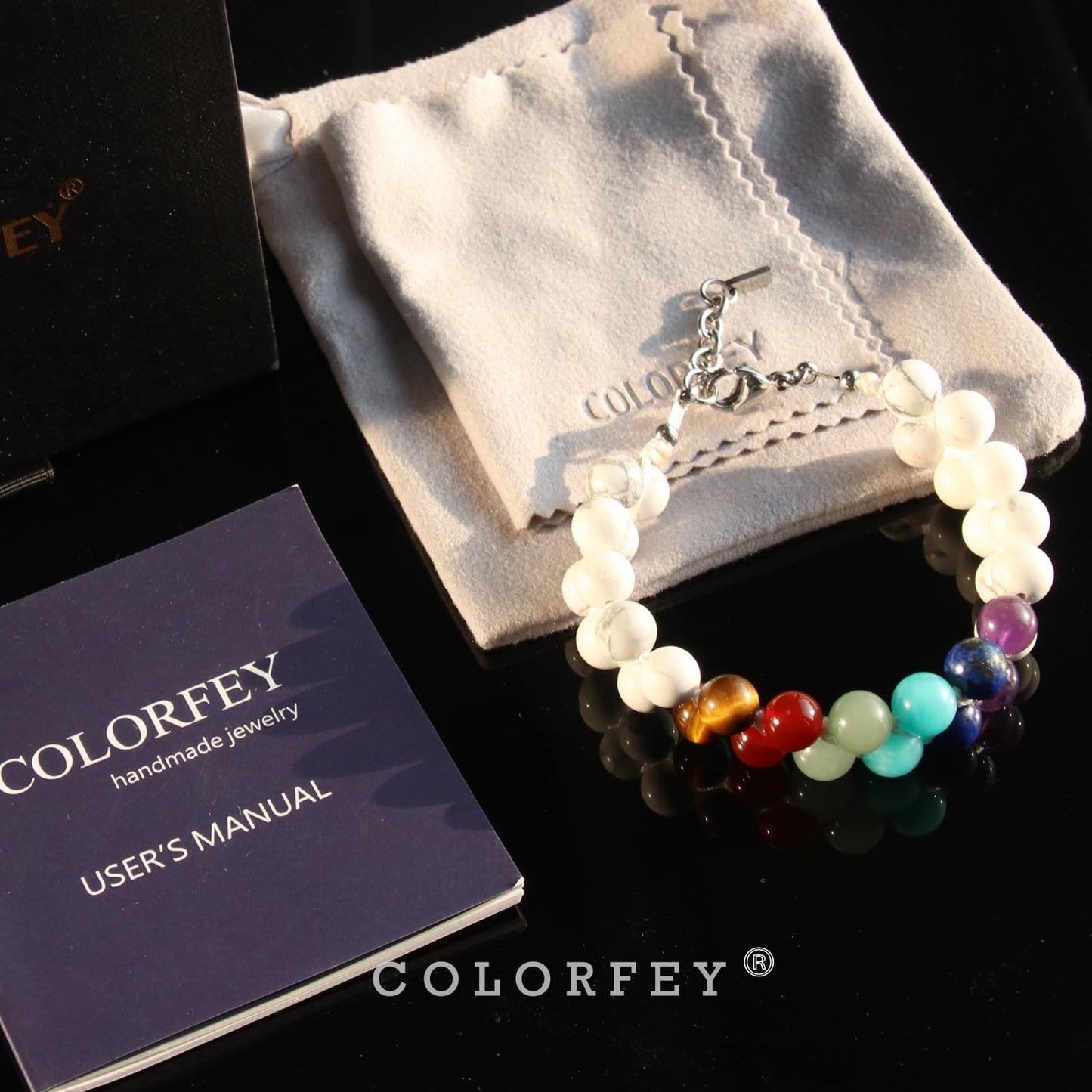 COLORFEY Real Crystal Bracelets for Men Women Healing 7 Chakra Crystal Tiger Eye Red Agate Aventurine Amazonite Lapis Lazuli Amethyst Howlite Stone Beads Bracelet Handmade Lucky Bracelet 2Row
