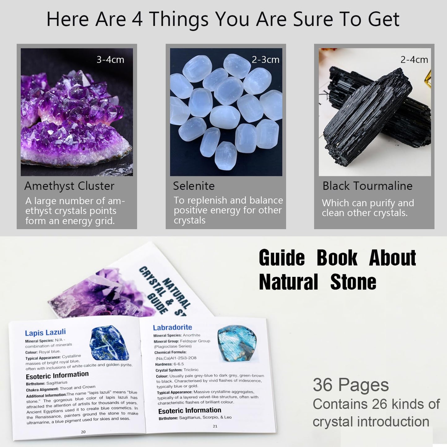 0.7Lb Natural Polished Gemstones and Rocks (25+PCs), Amethyst Cluster, Selenite & Tourmaline Included, Bulk Tumbled Crystals and Stone (0.6-1.2“ 320g)