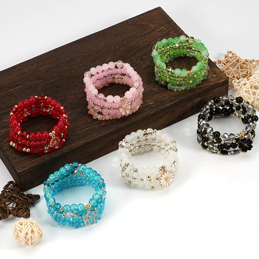 Caiyao 5Pcs Bohemia Multilayer Floewr Crystal Glass Beaded Bracelet Set Colorful Stackable Flower Beaded Friendship Stretch Bracelets for Women Men Summer Beach Boho Hawaii Holiday Jewelry Gifts-Pink