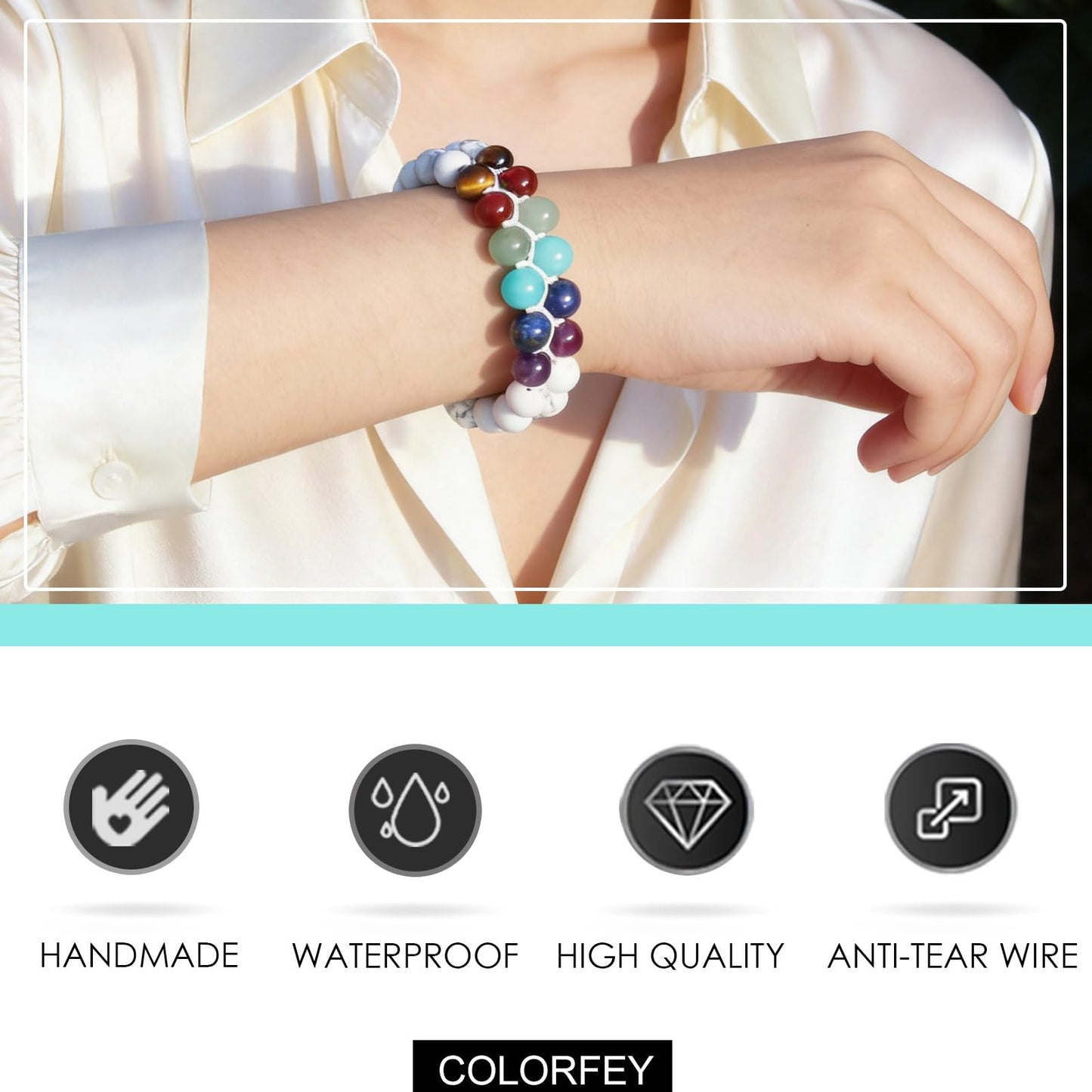 COLORFEY Real Crystal Bracelets for Men Women Healing 7 Chakra Crystal Tiger Eye Red Agate Aventurine Amazonite Lapis Lazuli Amethyst Howlite Stone Beads Bracelet Handmade Lucky Bracelet 2Row