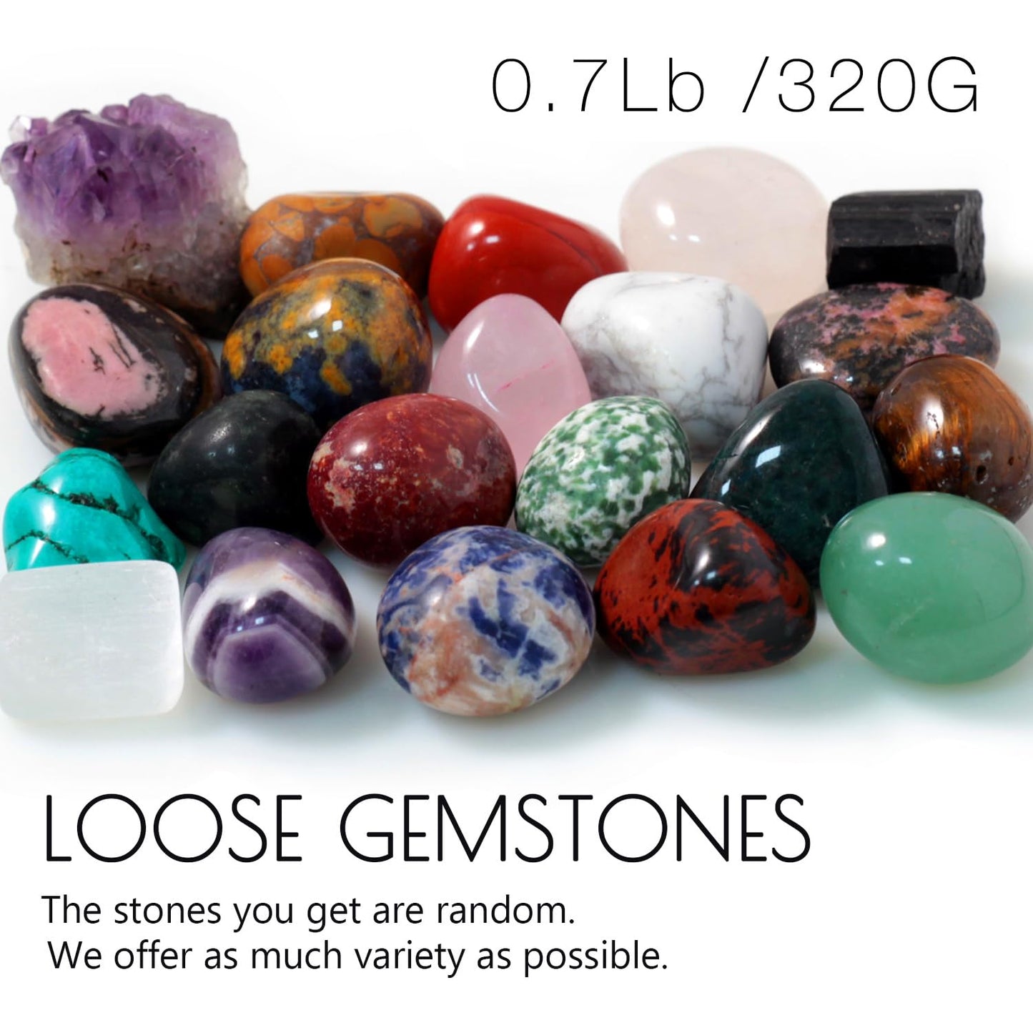 0.7Lb Natural Polished Gemstones and Rocks (25+PCs), Amethyst Cluster, Selenite & Tourmaline Included, Bulk Tumbled Crystals and Stone (0.6-1.2“ 320g)