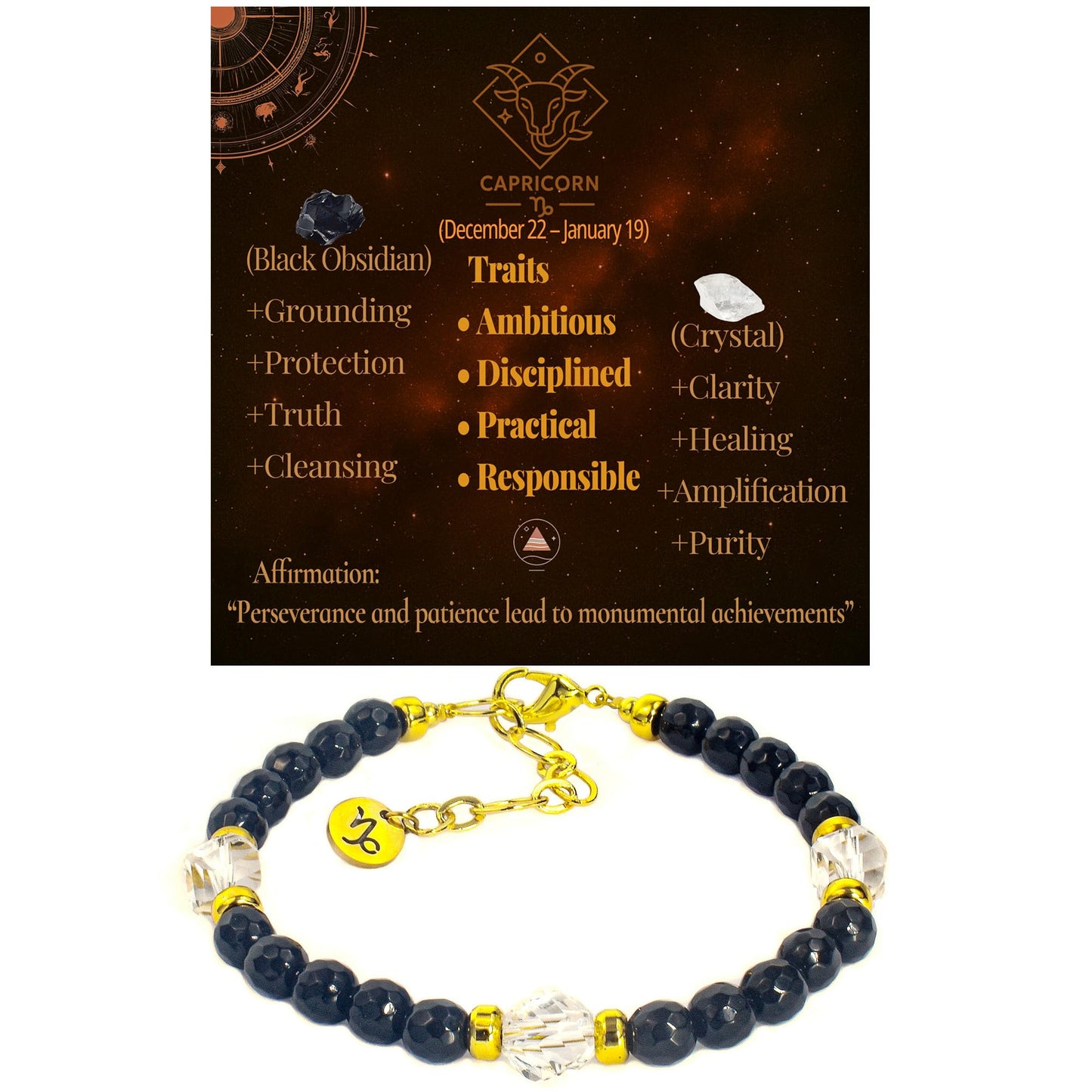 Ayriwoyi Capricorn Zodiac Bracelet Black Obsidian Clear Quartz Crystal Healing Bracelet Birthstone Beaded Bracelet Horoscope Spiritual Jewelry Gift for Men Women