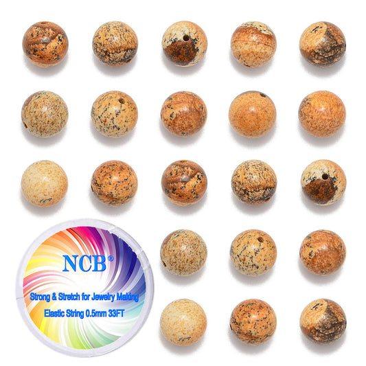 NCB 100pcs Natural Stone Beads Round Loose Beads 6mm with Elastic String and Beading Needle for Jewelry Making DIY Bracelet Necklace, Stretch Unisex (Yellow Picture Jasper, 6mm 100Beads)