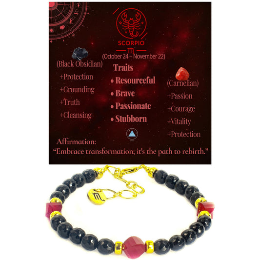 Scorpio Zodiac Bracelet Black Obsidian Carnelian Crystal Healing Small Beaded Bracelets Dainty Bracelets Adjustable Astrology Bracelet Gift for Women