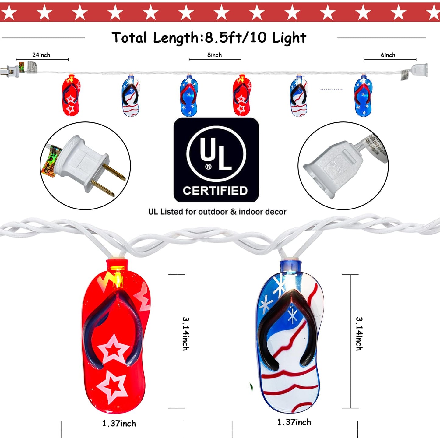 Pallerina 8.5Ft Waterproof Flag Slippers String Lights, 10 Multicolor Fairy Lights for 4th of July and Memorial Day Decorations