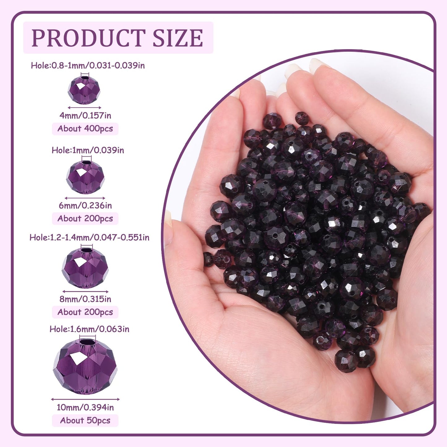 NITOPUPU 850Pcs 4/6/8/10mm Crystal Glass Beads for Jewelry Making Faceted Rondelle Flat Beads for Bracelets Necklace Earrings DIY Crafts(Purple Crystal Bead)