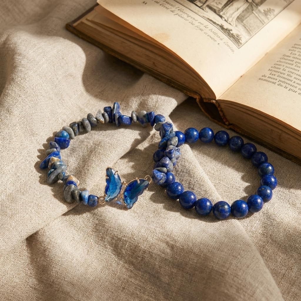 BELLA-Bee Natural Amethyst Healing Stone Bracelet Set for Women, Anxiety Relief Crystal Beaded Layered Bracelet with Butterfly Charm, Calming Spiritual Jewelry Gifts (Blue)