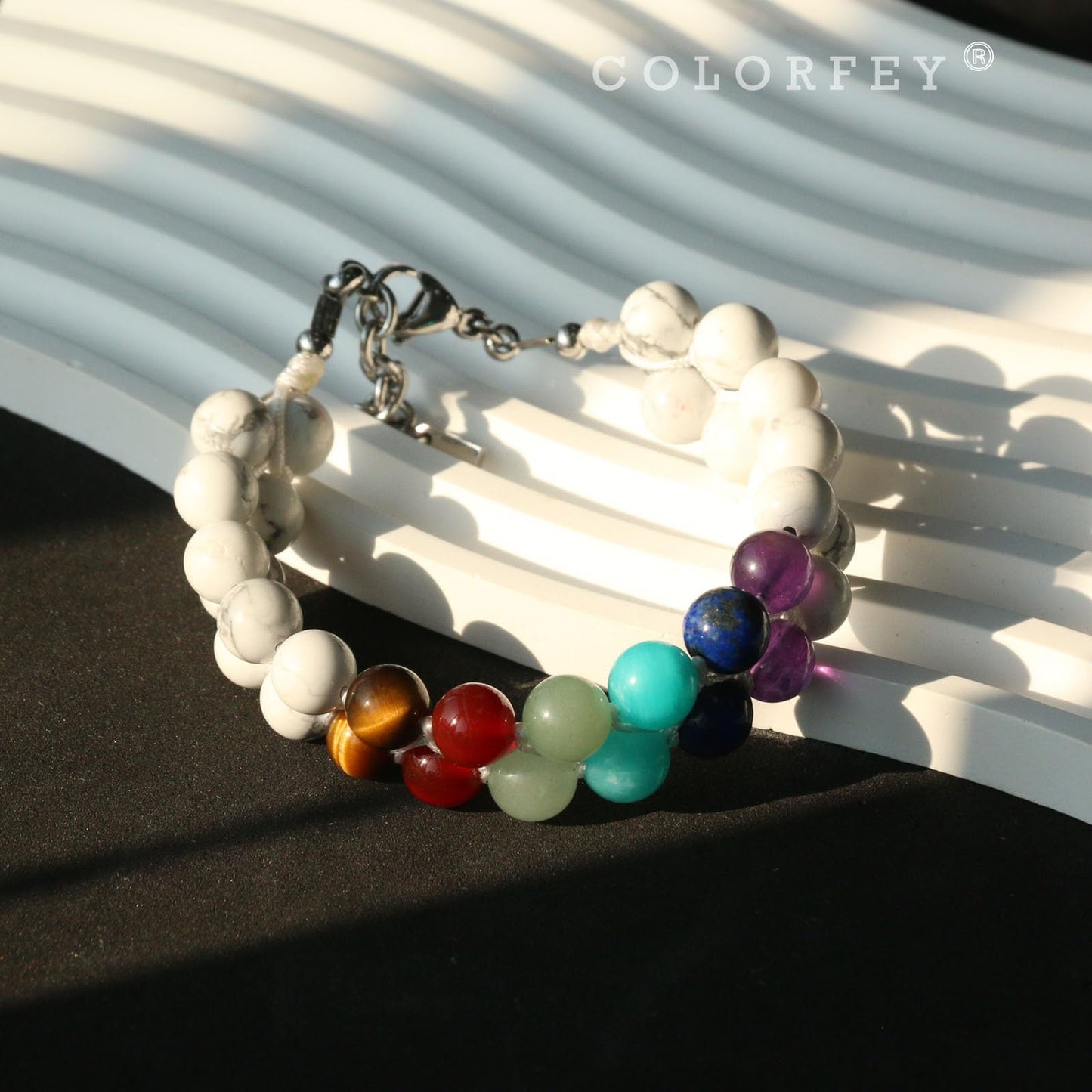COLORFEY Real Crystal Bracelets for Men Women Healing 7 Chakra Crystal Tiger Eye Red Agate Aventurine Amazonite Lapis Lazuli Amethyst Howlite Stone Beads Bracelet Handmade Lucky Bracelet 2Row