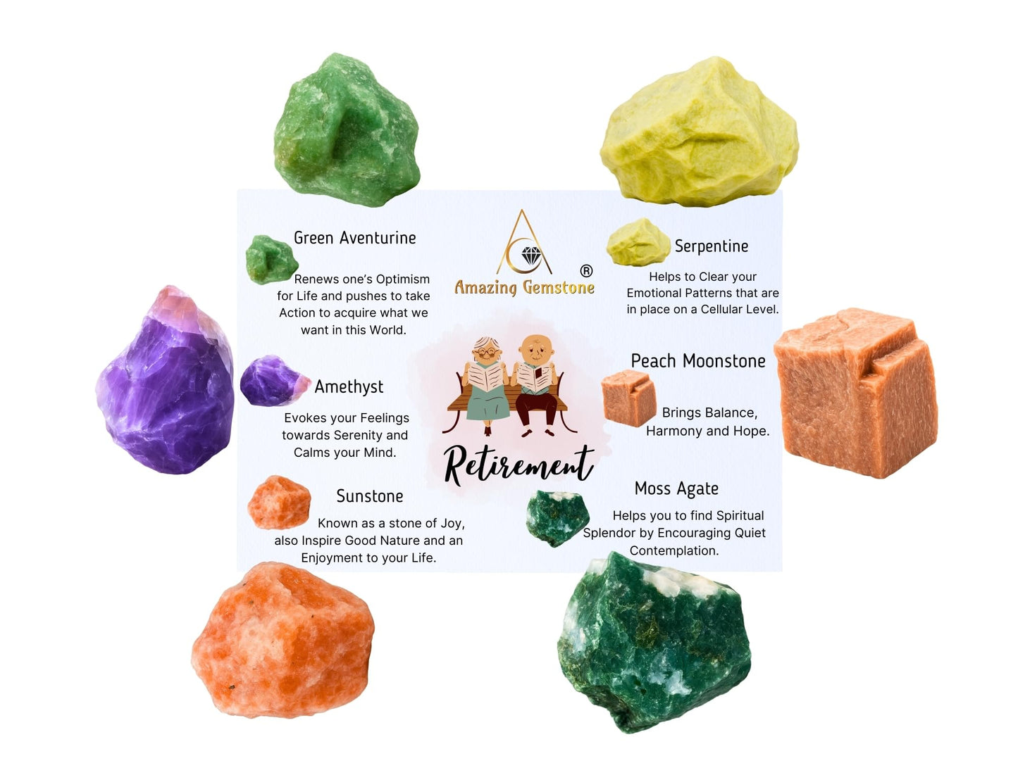 Amazing Gemstone Crystals for Retirement, Set of 6 Amethyst, Green Aventurine, Sunstone, Serpentine, Moss Agate and Peach Moonstone Healing Crystals and Stones