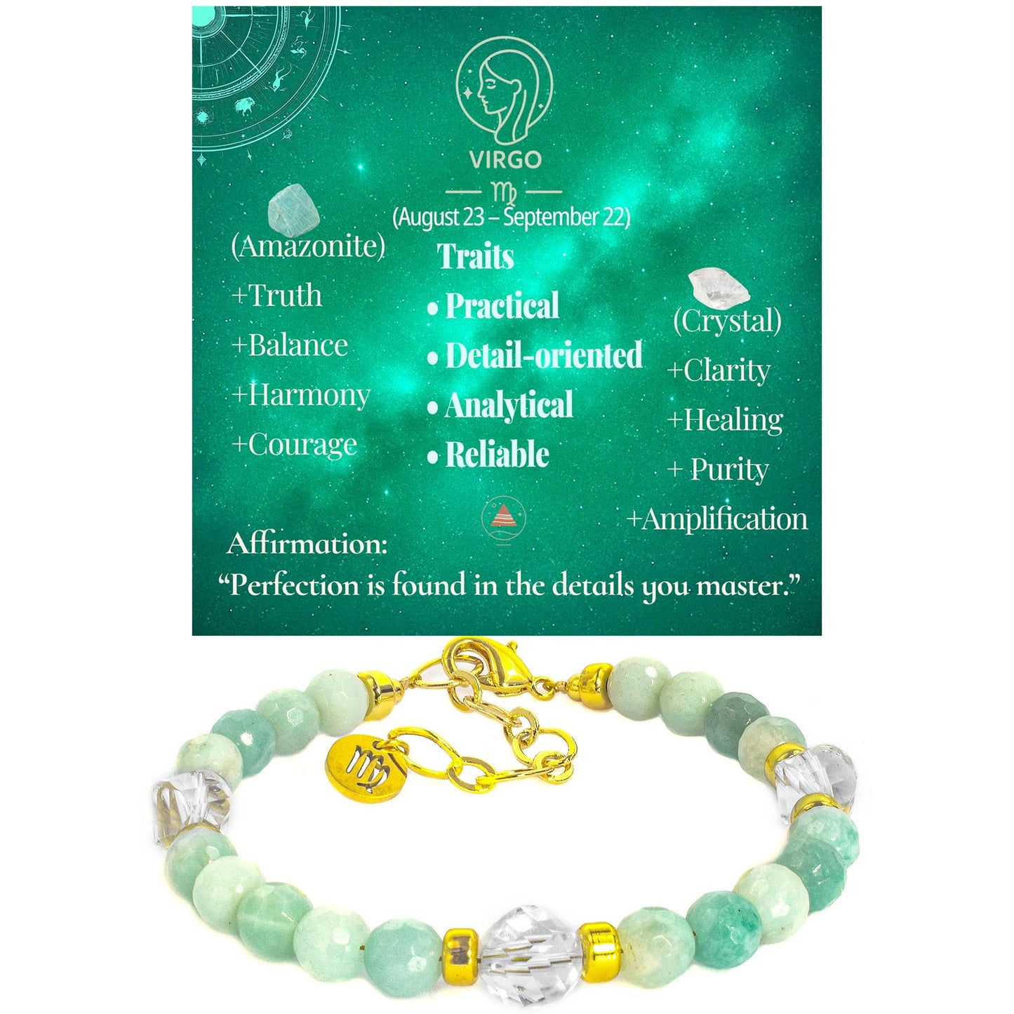 Ayriwoyi Virgo Zodiac Bracelet 12 Constellations Amazonite Clear Quartz Crystal Healing Beaded Bracelet Astrology Birthday Jewelry Gift for Women