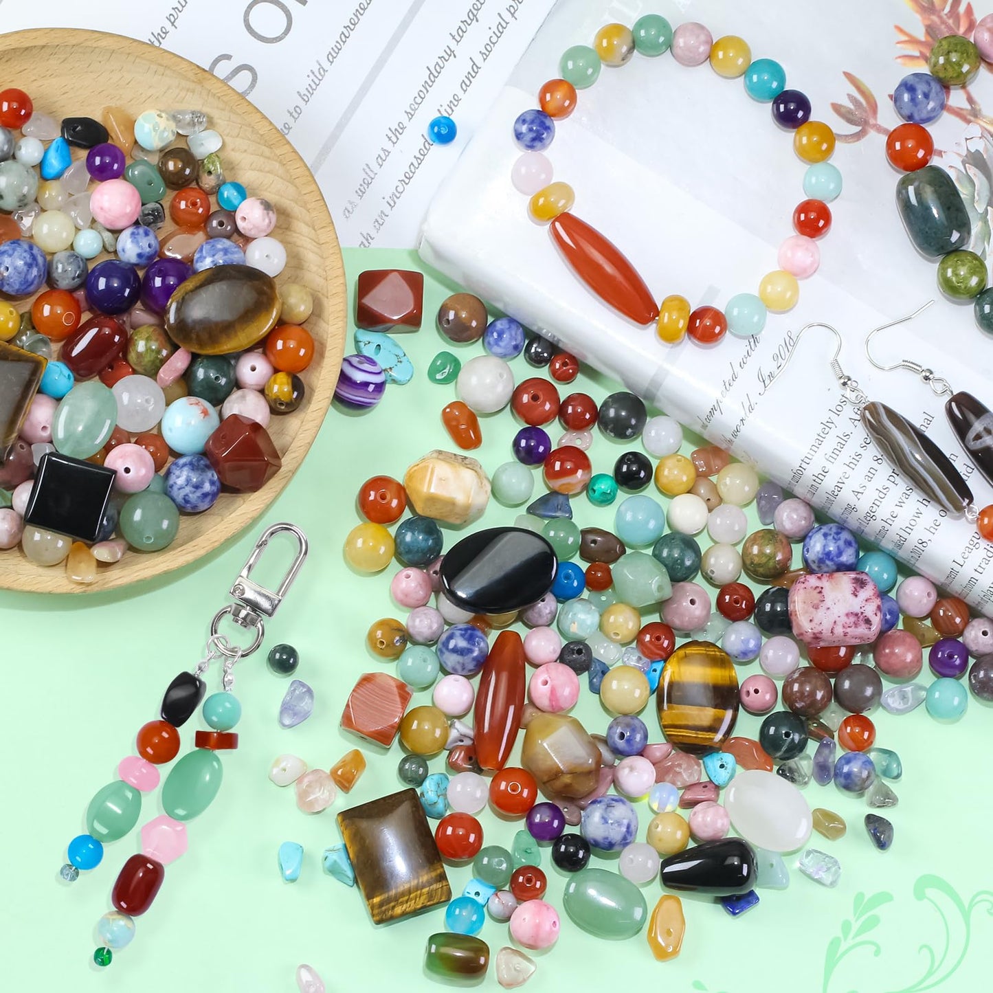 0.6lb Assorted Stone Beads for Jewelry DIY Making, Mixed Natural Chips Gemstone Crystal Beads for Crafts Bracelets Earrings Necklace, Colorful Round Stone Bead for Adults Women Beading Supplies