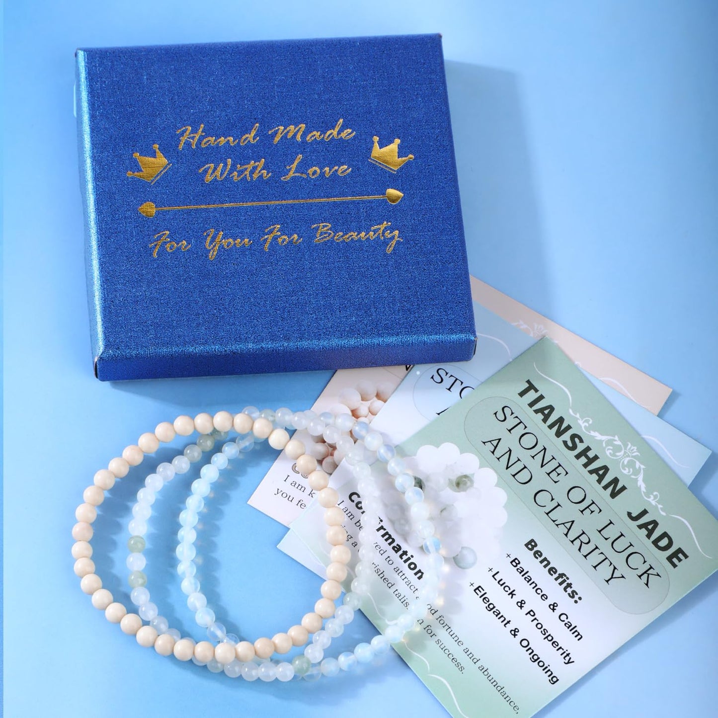 CMBYN 3-Pieces 4mm Natural Crystal Gemstone – ﻿Opalite, Tianshan Jade, White Fossil Jasper Handmade Reiki Energy Healing Stretch Bracelets Jewelry for Yoga, Meditation, Unisex