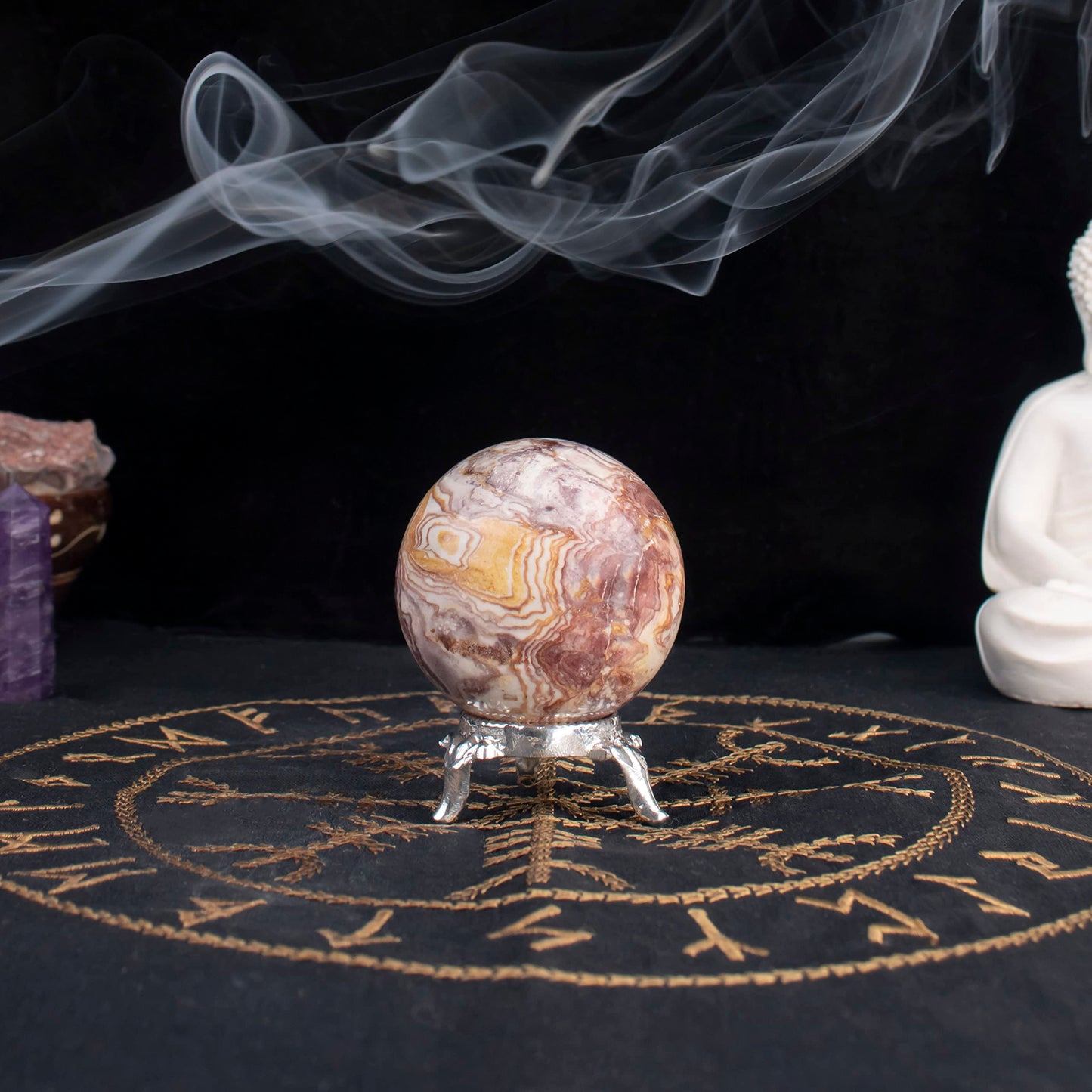 Crocon 45mm Rosetta Jasper Stone Sphere Ball with Metal Stand 1400+ Carats Gemstone Ball Healing Sphere Sculpture Figurine for Fengshui Divination Home Decoration Photography Crystal Sphere