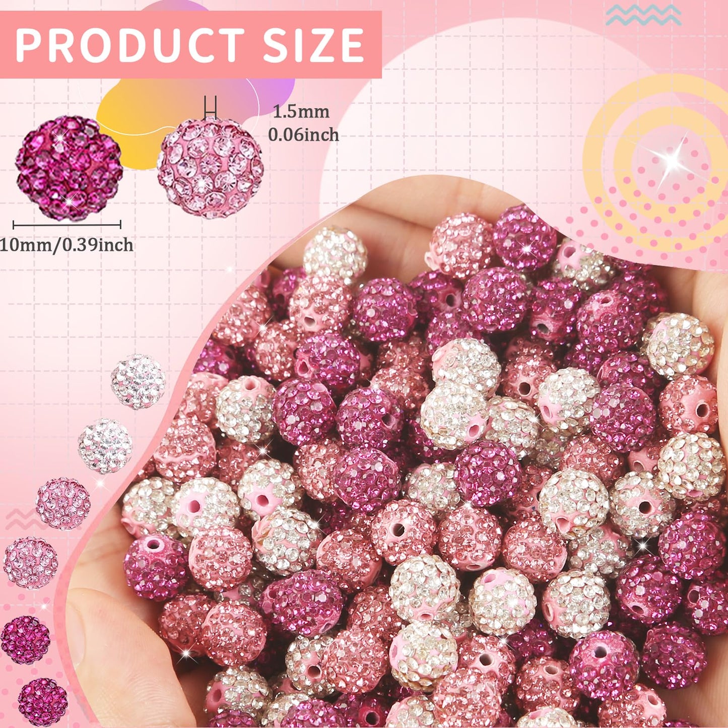 100Pcs Rhinestone Beads 10mm Pink Sparkle Round Shamballa Disco Ball Beads, Shiny Crystal Clay Pave Diamond Rhinestones Bead for Baseball Necklace Bracelet Earring Jewelry Making Party Decoration