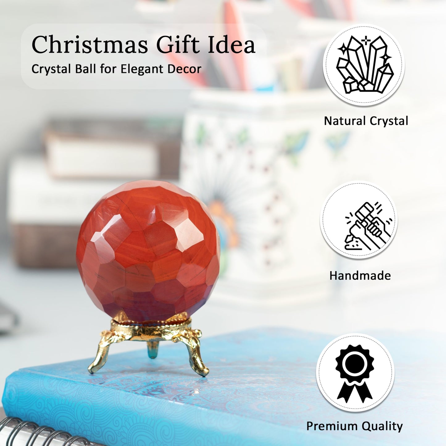 Crocon 50mm Red Jasper Diamond Cut Stone Sphere Ball with Metal Stand 1400+ Carats Gemstone Ball Healing Ornament Rock Sphere Sculpture Figurine for Fengshui Divination Crystal Home Decor Photography