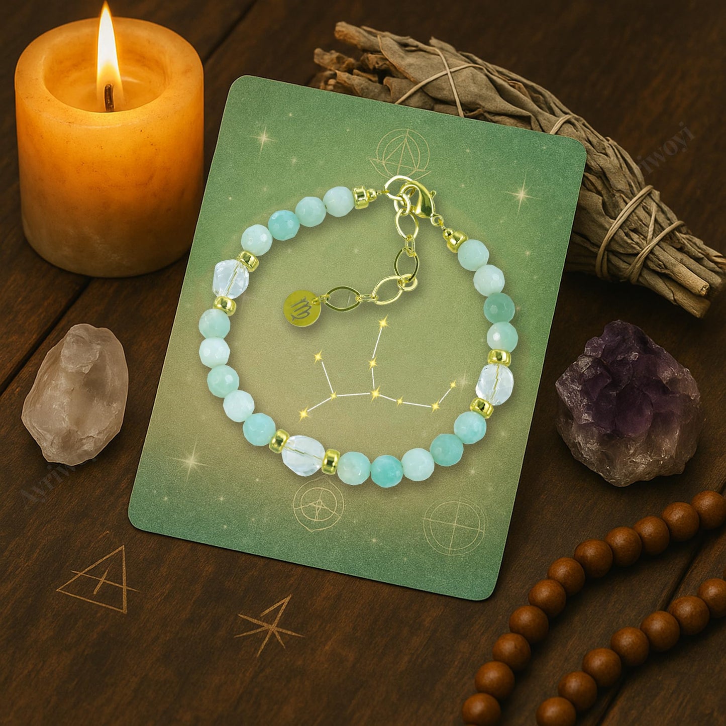 Ayriwoyi Virgo Zodiac Bracelet 12 Constellations Amazonite Clear Quartz Crystal Healing Beaded Bracelet Astrology Birthday Jewelry Gift for Women