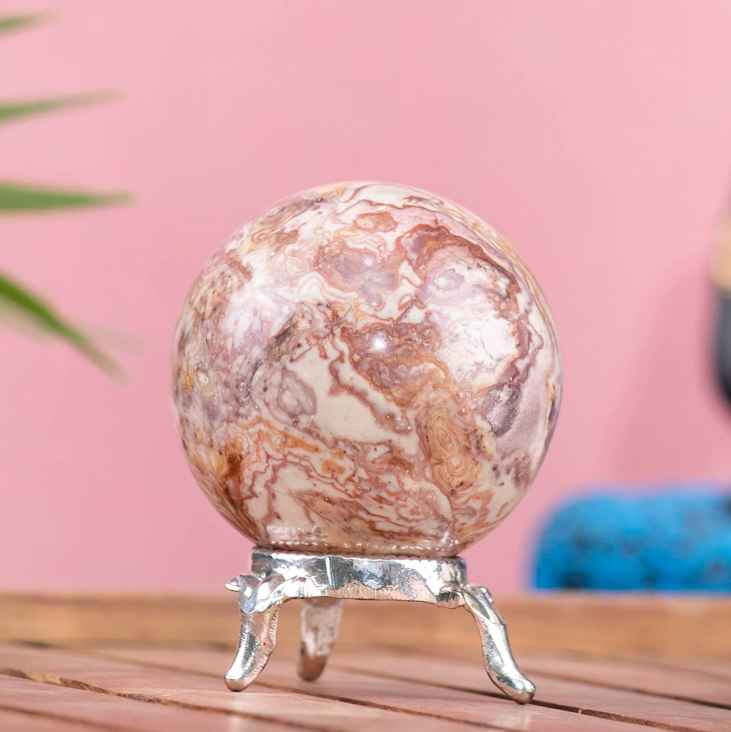 Crocon 45mm Rosetta Jasper Stone Sphere Ball with Metal Stand 1400+ Carats Gemstone Ball Healing Sphere Sculpture Figurine for Fengshui Divination Home Decoration Photography Crystal Sphere