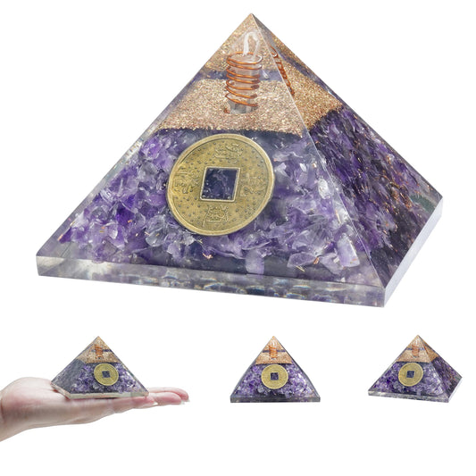 "55mm orgone pyramid Amethyst protection crystals reiki supplies healing stones, organite pyramid for good luck gift for women men gemstone crystal chakra charm orgone generator orgonite collection"