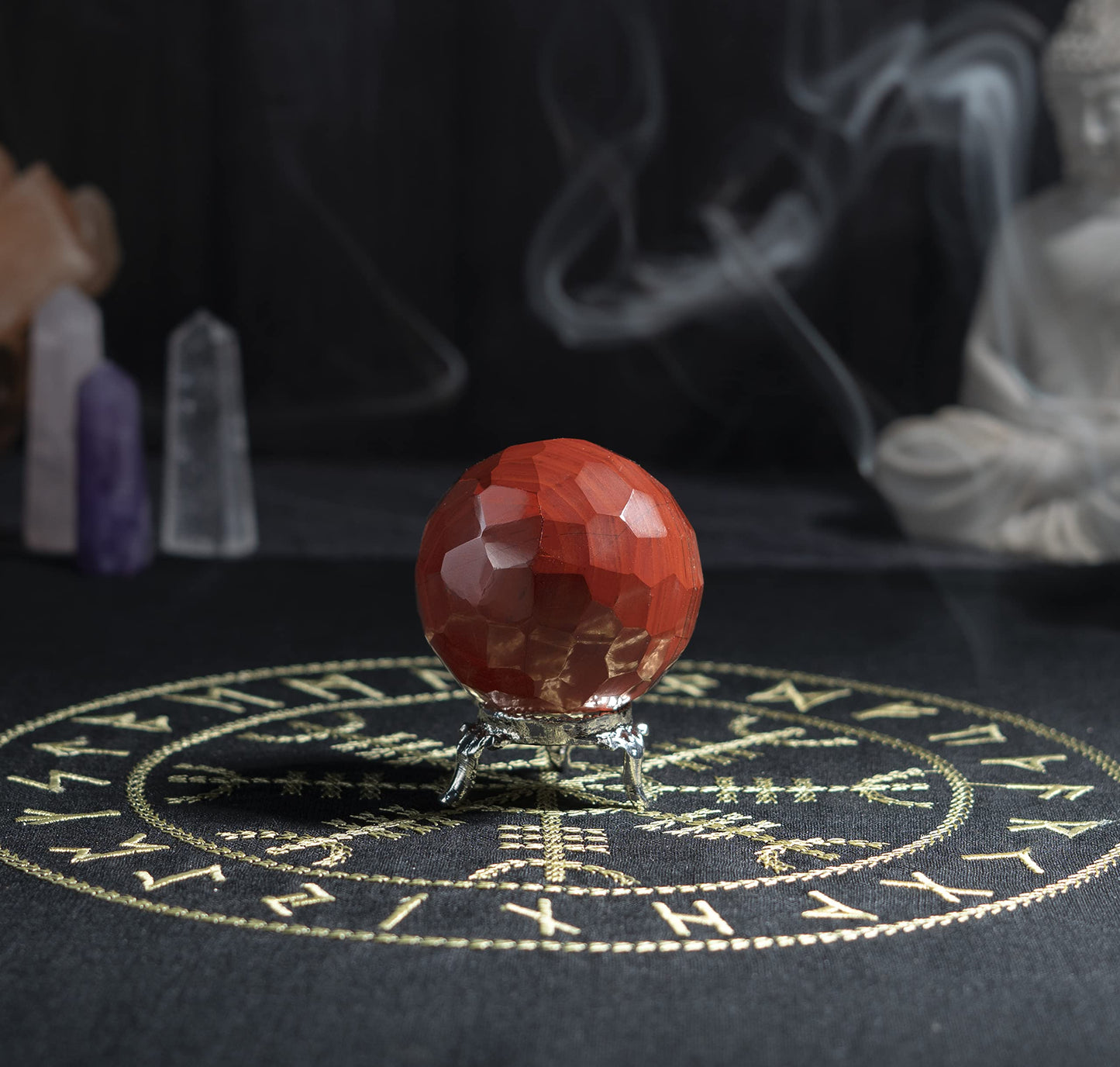 Crocon 50mm Red Jasper Diamond Cut Stone Sphere Ball with Metal Stand 1400+ Carats Gemstone Ball Healing Ornament Rock Sphere Sculpture Figurine for Fengshui Divination Crystal Home Decor Photography