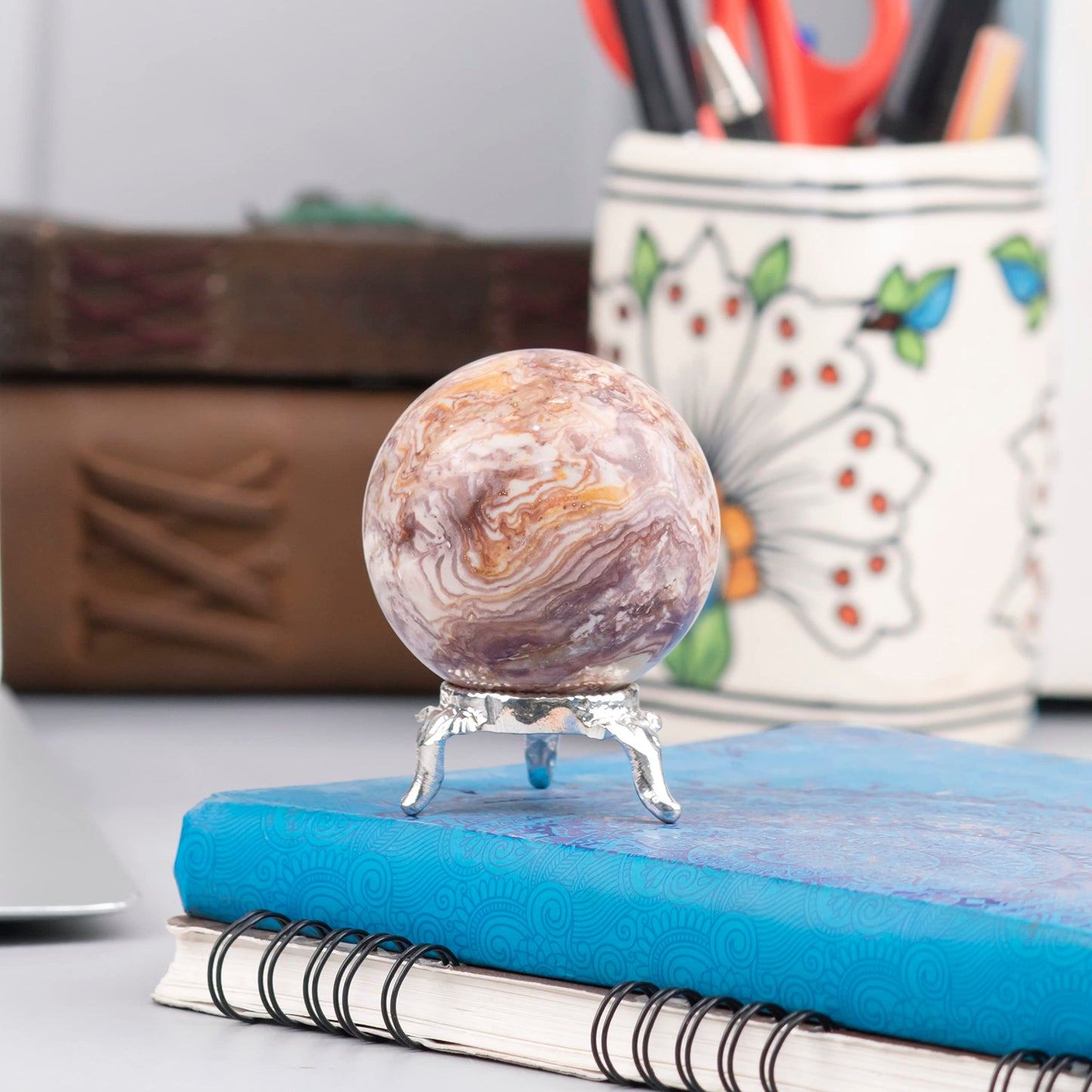 Crocon 45mm Rosetta Jasper Stone Sphere Ball with Metal Stand 1400+ Carats Gemstone Ball Healing Sphere Sculpture Figurine for Fengshui Divination Home Decoration Photography Crystal Sphere
