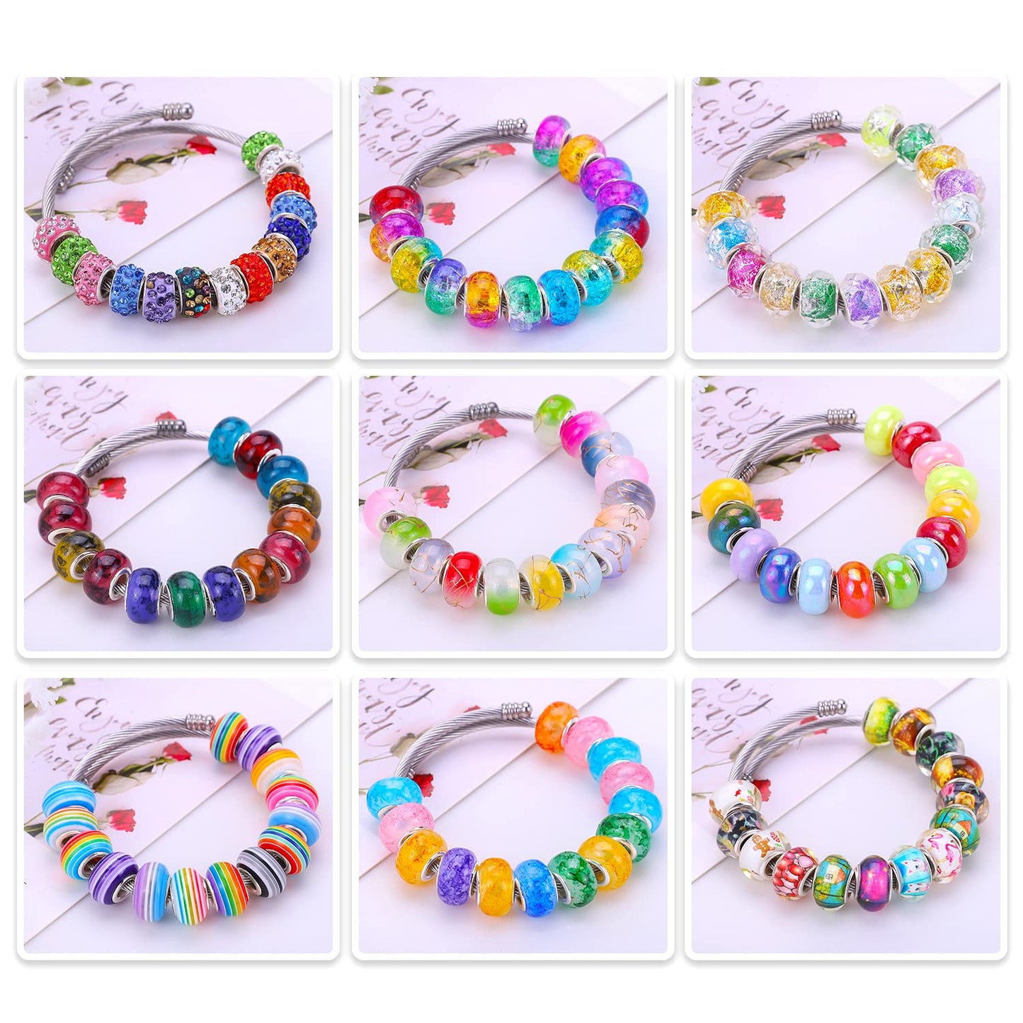 Victlov European Large Hole Beads Spacer Beads Charm Fairy Wands Beads Rhinestone Craft Beads for DIY Bracelet Jewelry Making (9 Style 180 Pieces)