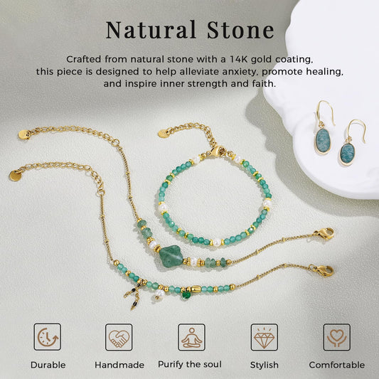 POMODA Beaded Bracelets Set for Women Stackable Healing Layered Bracelets Stack 3PCS Aquamarine Gemstone Crystal Dainty Boho Summer Jewelry for Women Natural Stone 14k Gold Plated