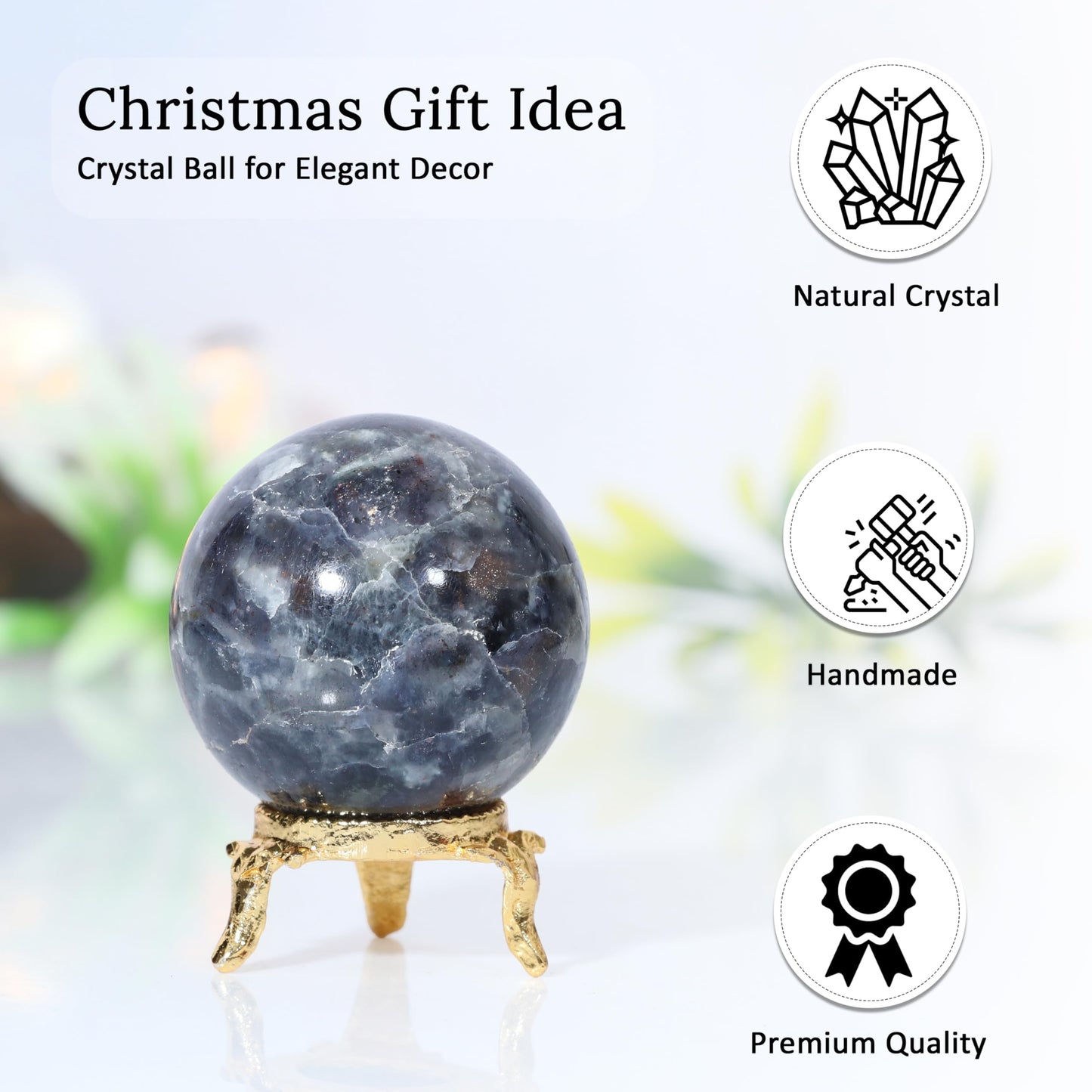 Crocon 45mm Iolite Stone Sphere Ball with Metal Stand 1400+ Carats Gemstone Ball Healing Sphere Sculpture Figurine for Fengshui Divination Home Decoration Photography Crystal Sphere