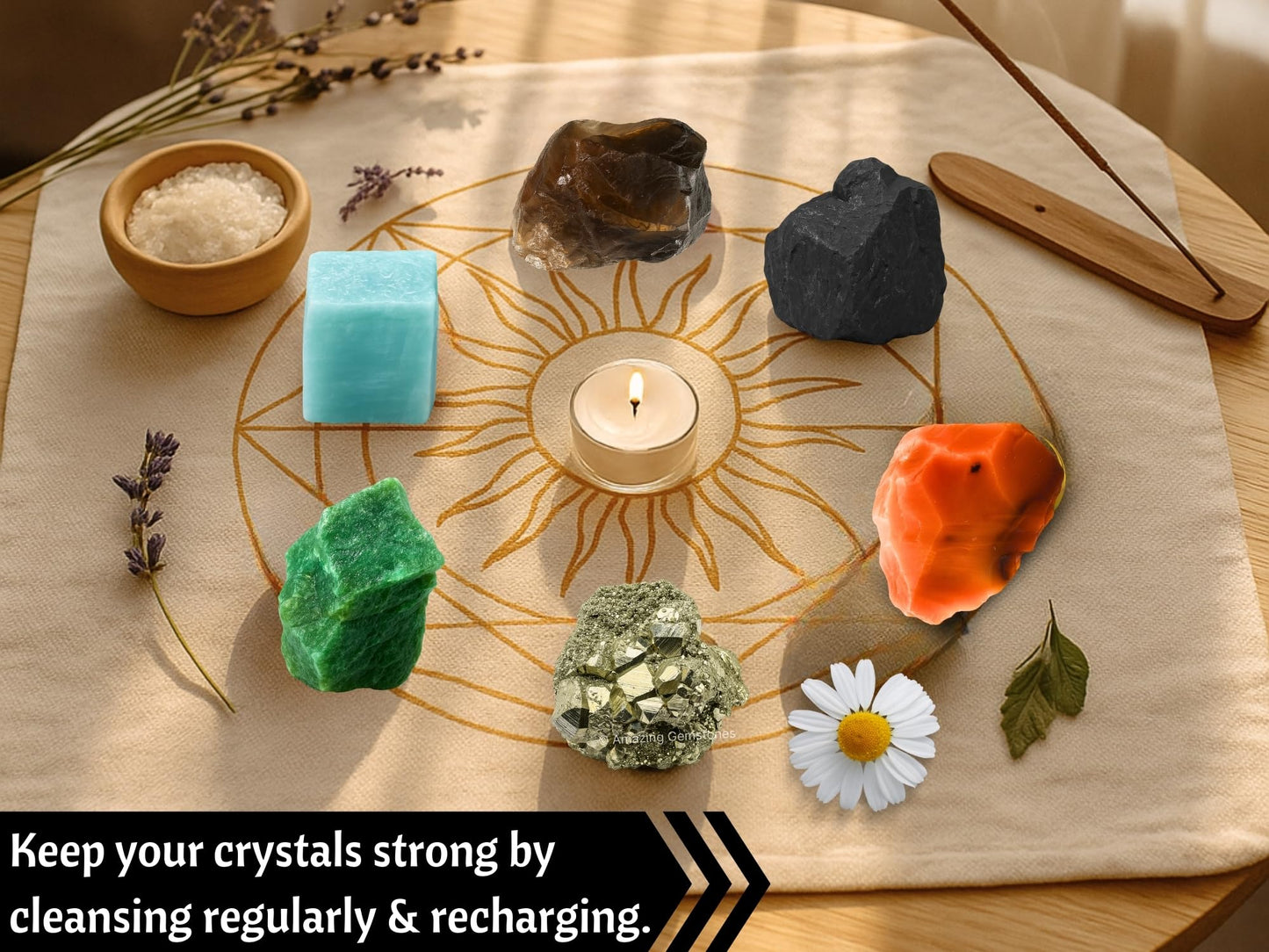 Amazing Gemstone Crystals for Workplace Manifestation, Set of 6 Green Aventurine, Smoky Quartz, Shungite, Carnelian, Pyrite and Amazonite Healing Crystals and Stones