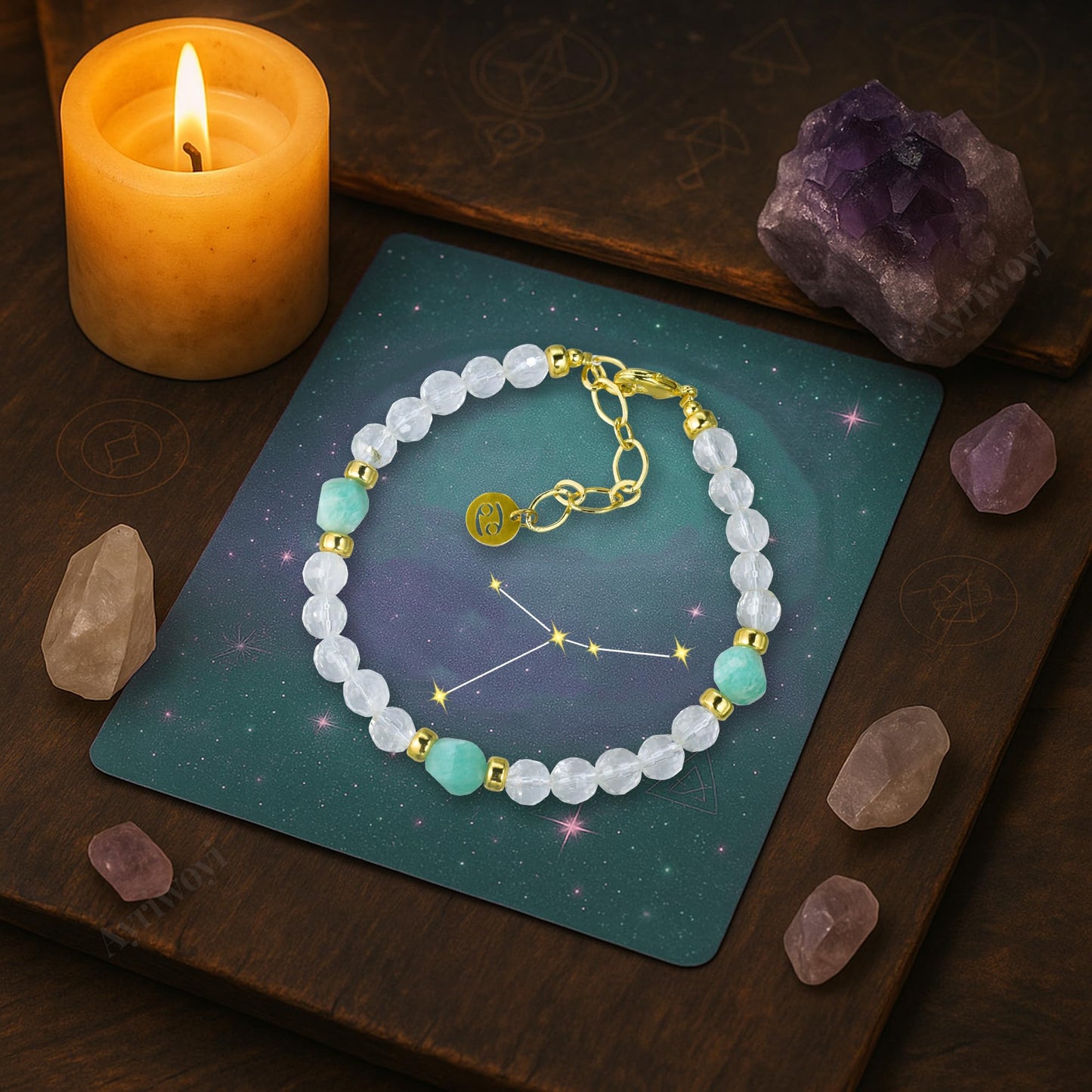 Ayriwoyi Cancer Zodiac Bracelet White Crystal Amazonite Stone Beaded Bracelet Adjustable Horoscope Inspirational Jewelry Gift for Women