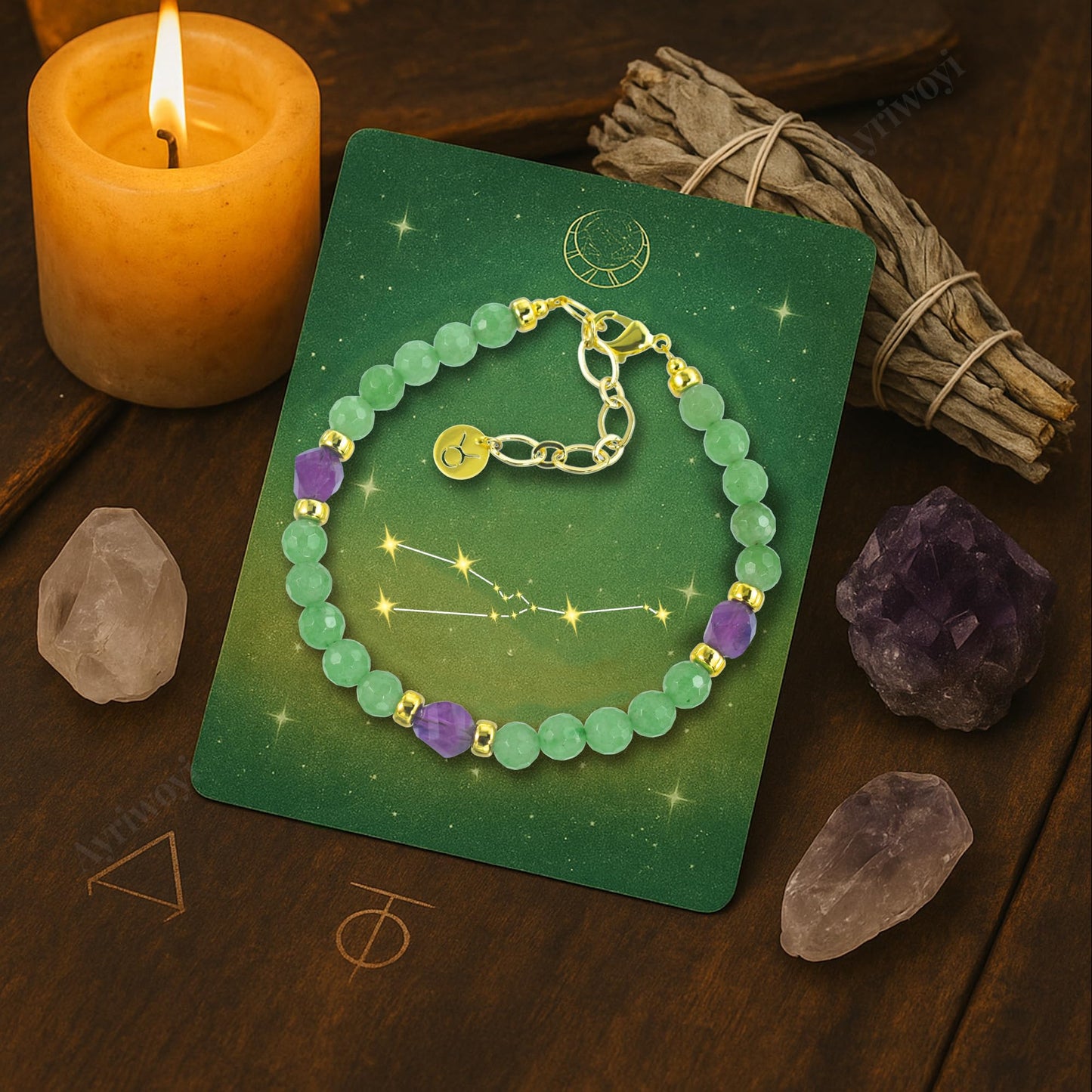 Ayriwoyi Taurus Zodiac Bracelet for Women Healing Crystal Tiny Beads Birthstone Bracelet Green Aventurine Amethyst Beaded Stone bracelet Inspirational Constellation Gifts