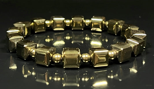 AWAKEN YOUR KUNDALINI Handmade Pyrite Stretch Bracelet – 8mm Cube and Round Beads – Leo Birthstone – Solar Plexus Chakra – Approx. 7 Inch Wrist Size