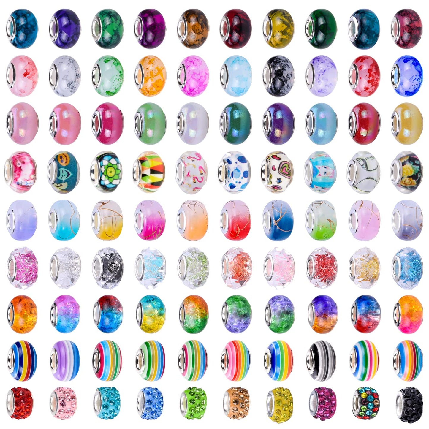 Victlov European Large Hole Beads Spacer Beads Charm Fairy Wands Beads Rhinestone Craft Beads for DIY Bracelet Jewelry Making (9 Style 180 Pieces)