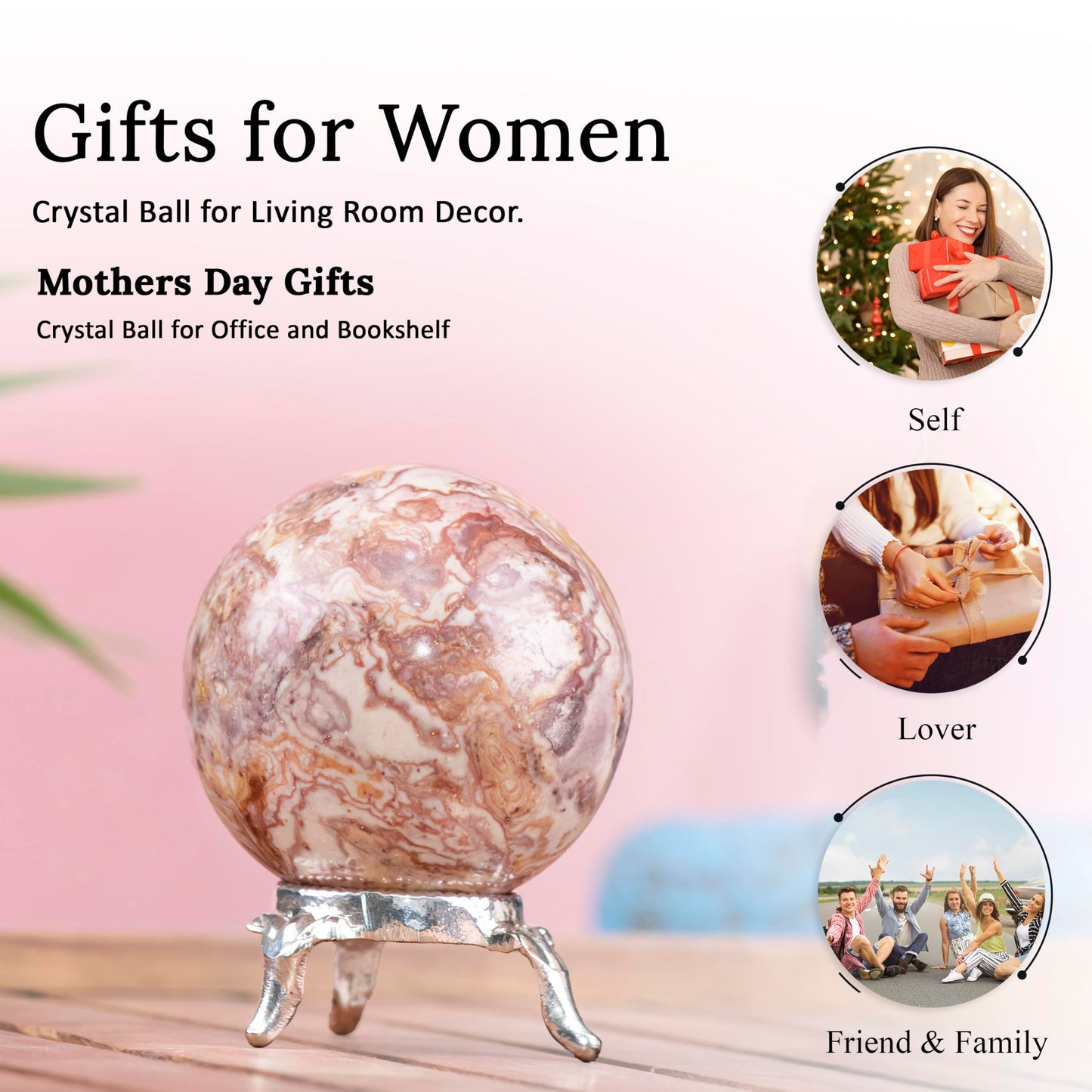 Crocon 45mm Rosetta Jasper Stone Sphere Ball with Metal Stand 1400+ Carats Gemstone Ball Healing Sphere Sculpture Figurine for Fengshui Divination Home Decoration Photography Crystal Sphere