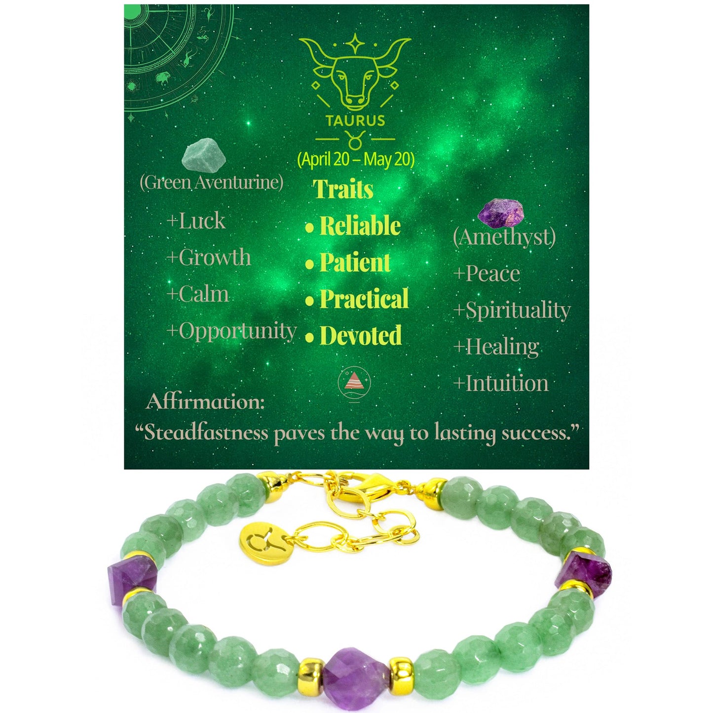 Ayriwoyi Taurus Zodiac Bracelet for Women Healing Crystal Tiny Beads Birthstone Bracelet Green Aventurine Amethyst Beaded Stone bracelet Inspirational Constellation Gifts