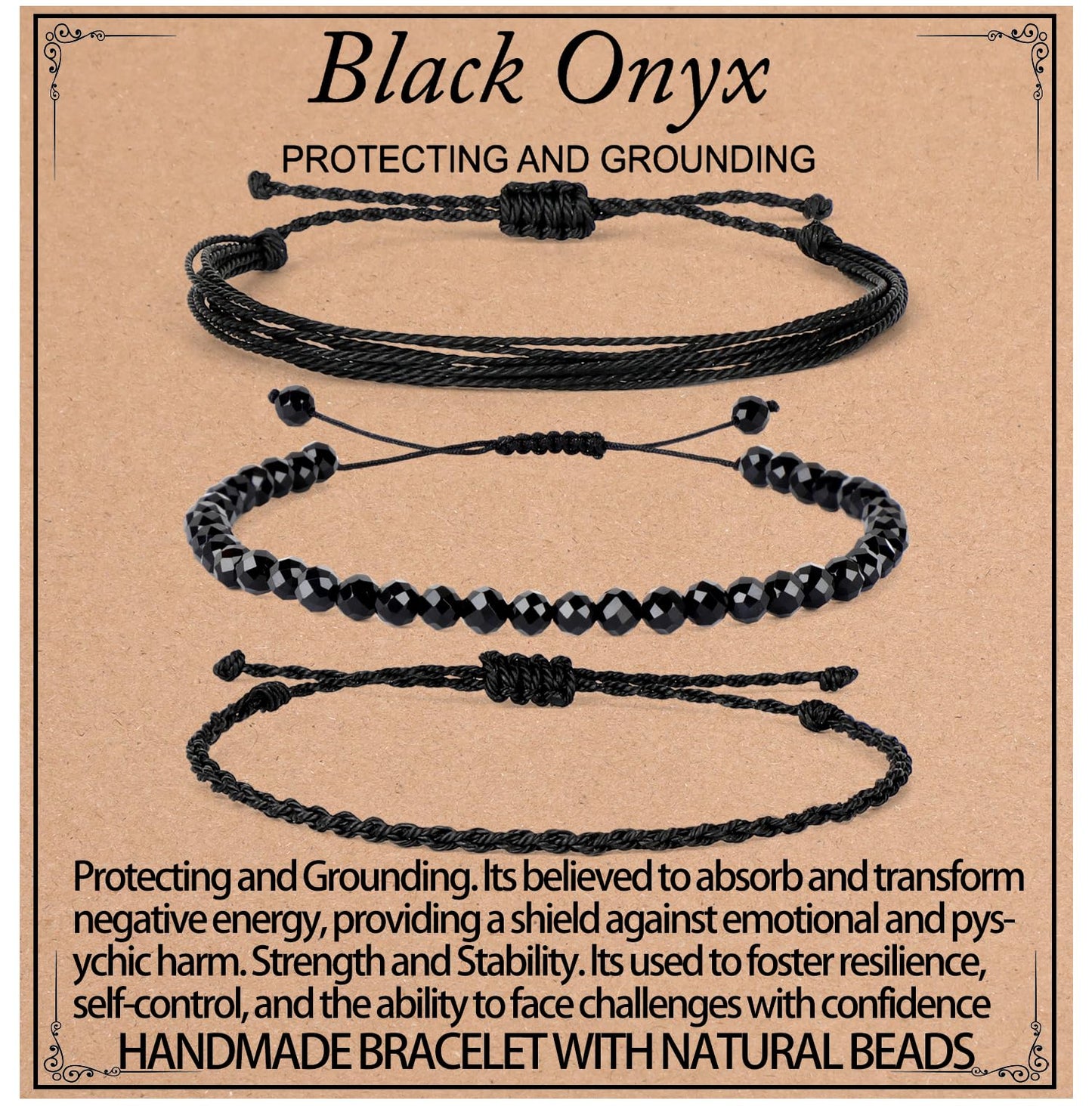 QOGIR Handmade Healing Bracelets,4mm Natural Faceted Black Onyx Gem Stone Beads Bracelet for Men Women Gifts with 2PCS Size Adjustable Rope Bracelets