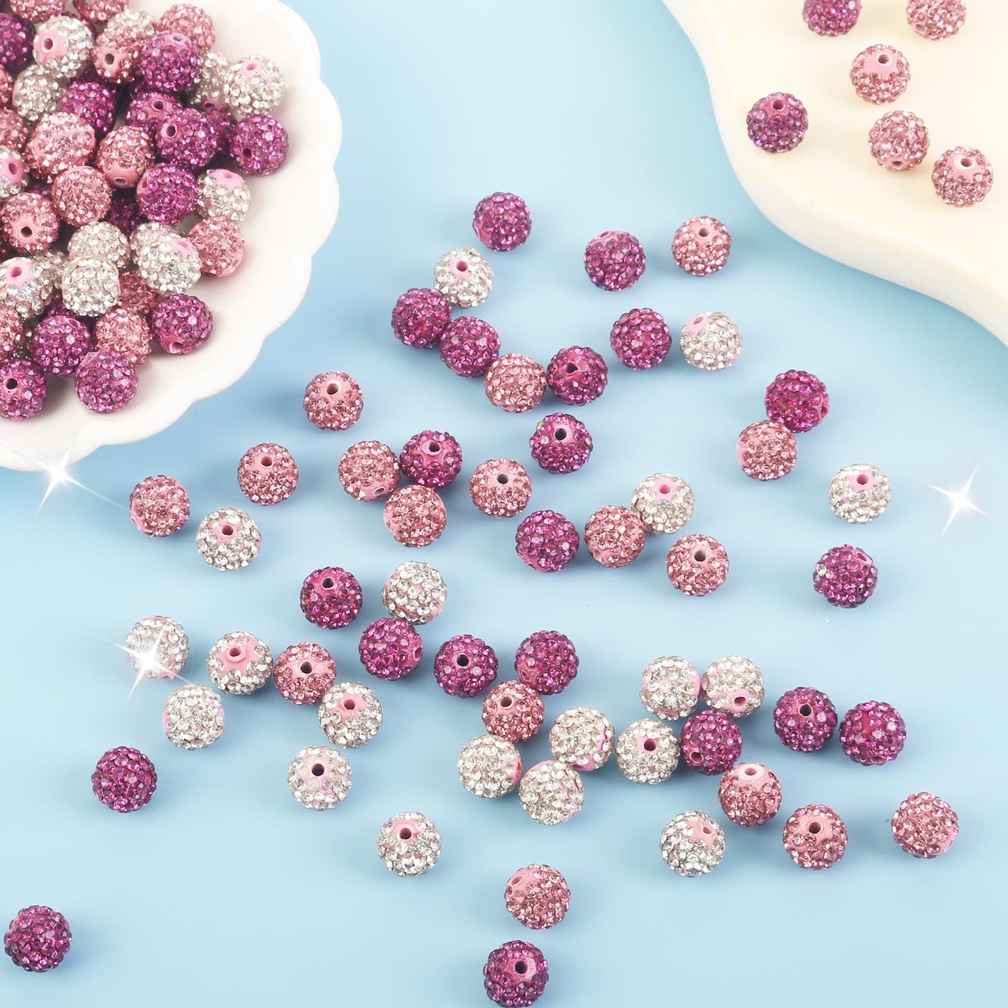 100Pcs Rhinestone Beads 10mm Pink Sparkle Round Shamballa Disco Ball Beads, Shiny Crystal Clay Pave Diamond Rhinestones Bead for Baseball Necklace Bracelet Earring Jewelry Making Party Decoration