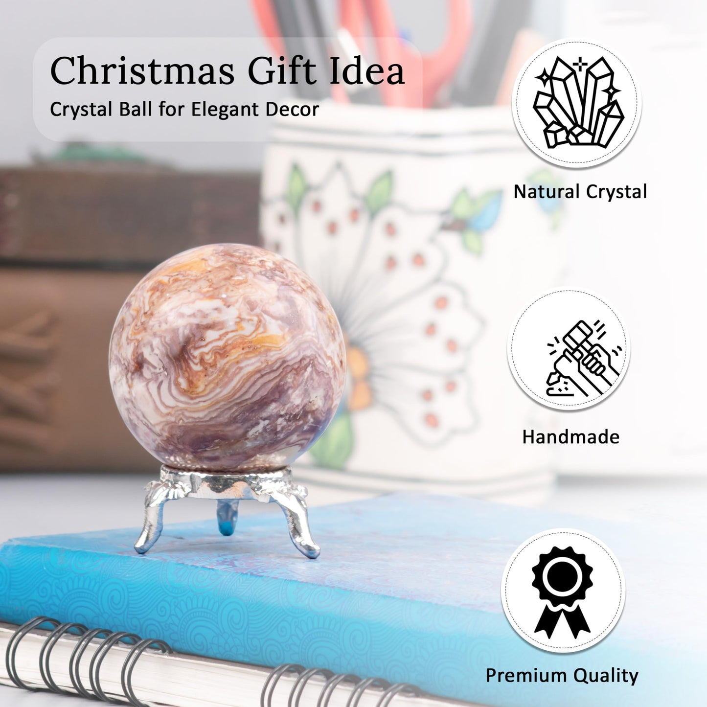 Crocon 45mm Rosetta Jasper Stone Sphere Ball with Metal Stand 1400+ Carats Gemstone Ball Healing Sphere Sculpture Figurine for Fengshui Divination Home Decoration Photography Crystal Sphere