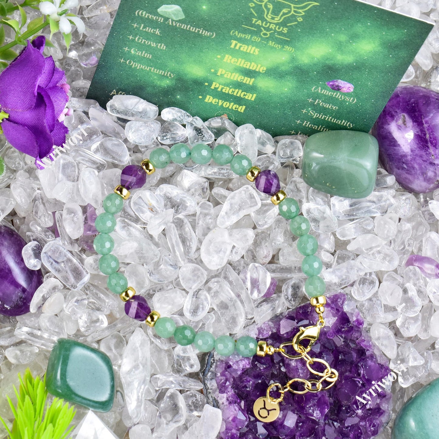 Ayriwoyi Taurus Zodiac Bracelet for Women Healing Crystal Tiny Beads Birthstone Bracelet Green Aventurine Amethyst Beaded Stone bracelet Inspirational Constellation Gifts