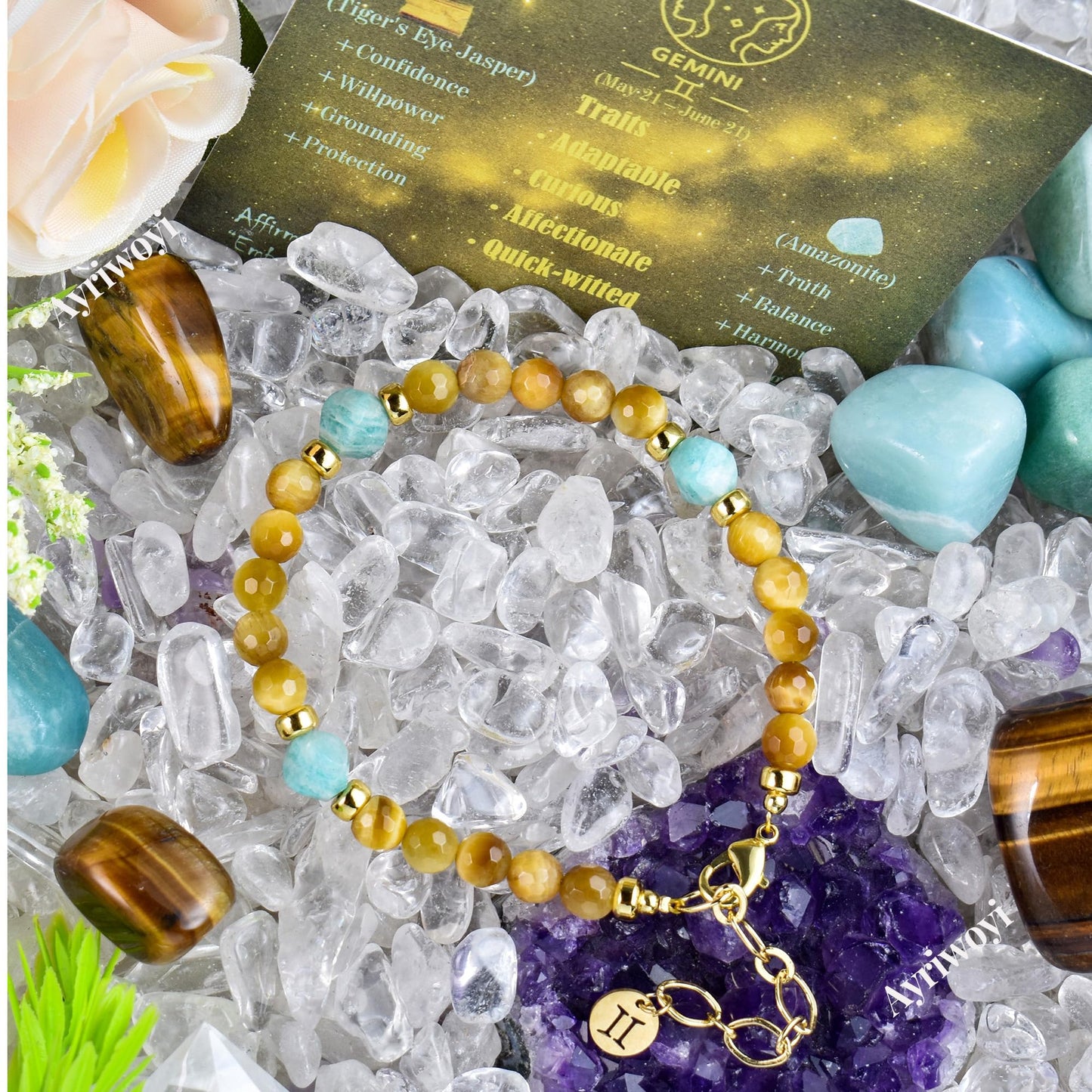 Ayriwoyi Gemini Zodiac Bracelet Yellow Tiger’s Eye Amazonite Healing Facet Stone 12 Constellations Astrology Bracelet Birthday Zodiac Inspirational Gifts