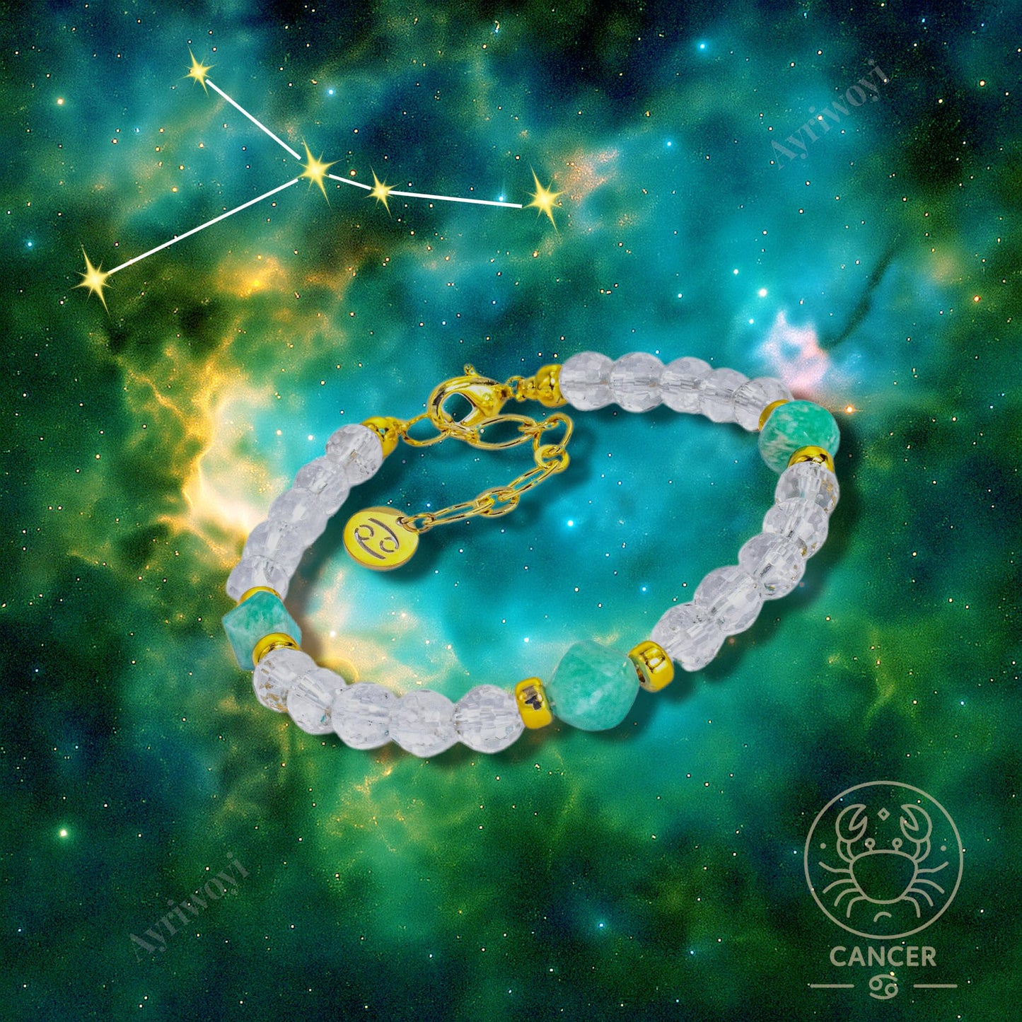 Ayriwoyi Cancer Zodiac Bracelet White Crystal Amazonite Stone Beaded Bracelet Adjustable Horoscope Inspirational Jewelry Gift for Women