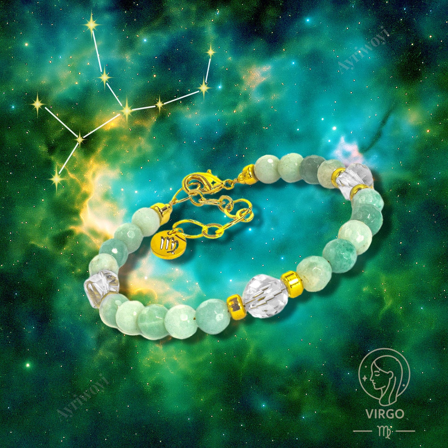 Ayriwoyi Virgo Zodiac Bracelet 12 Constellations Amazonite Clear Quartz Crystal Healing Beaded Bracelet Astrology Birthday Jewelry Gift for Women