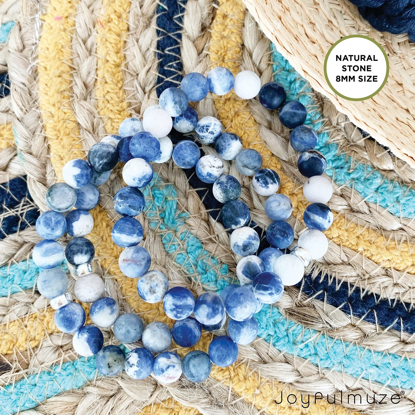 Joyfulmuze Genuine Sodalite Bracelet, Blue And White Spiritual Chakra Stone, Handmade Stretch Jewelry For Women And Men, 8mm Beads Fit 7-8 inch Wrist (Sodalite-Silver)