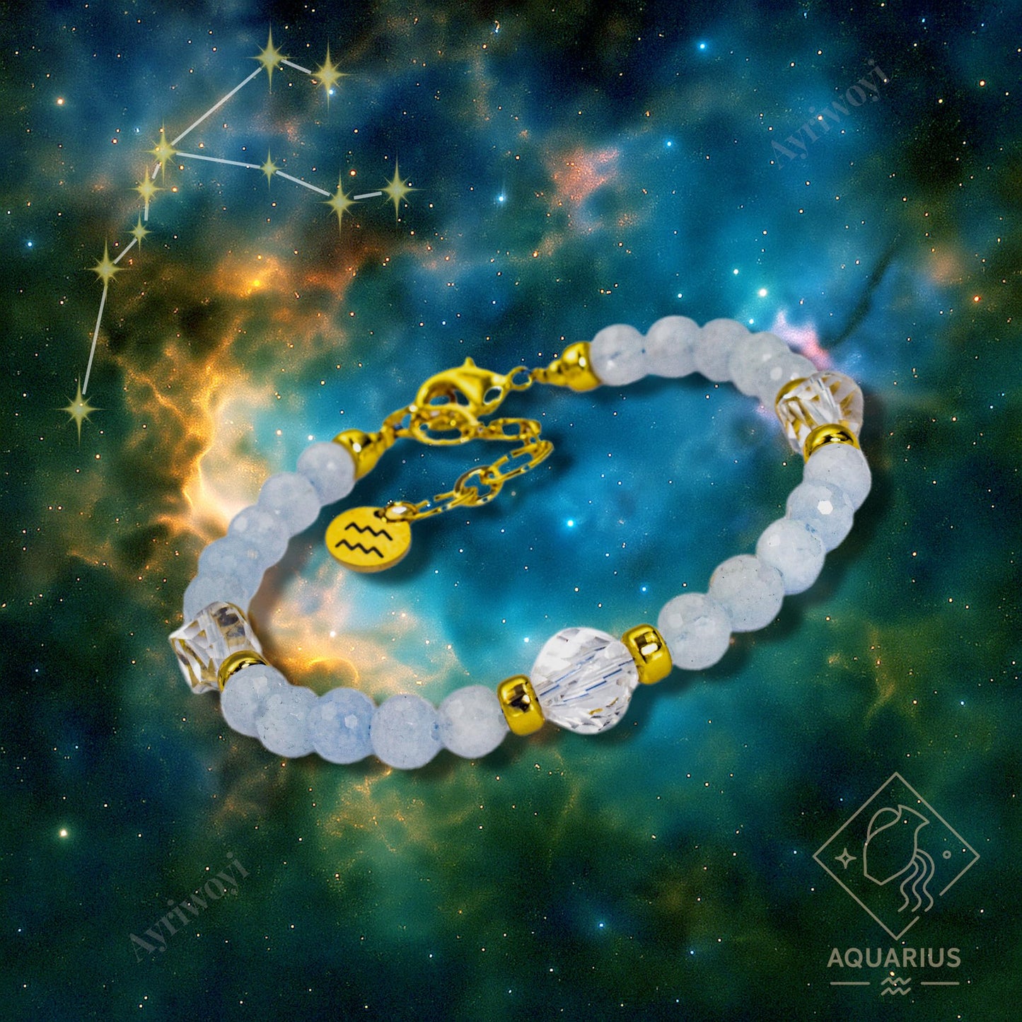 Ayriwoyi Aquarius Zodiac Bracelet Aquamarine Clear Quartz Crystal Healing Beads Bracelet 12 Constellations Bracelets Adjustable Astrology Jewelry Gift Women