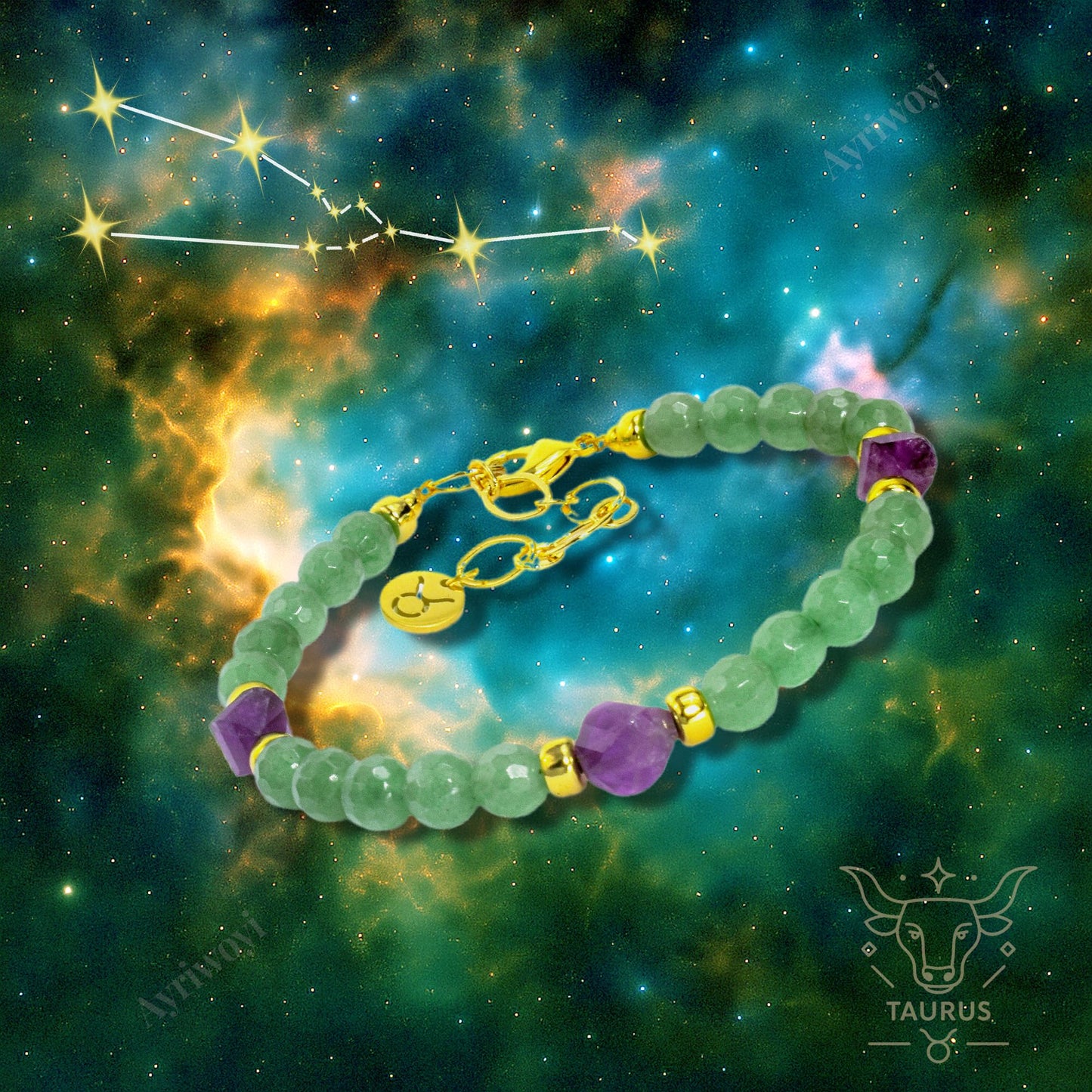 Ayriwoyi Taurus Zodiac Bracelet for Women Healing Crystal Tiny Beads Birthstone Bracelet Green Aventurine Amethyst Beaded Stone bracelet Inspirational Constellation Gifts